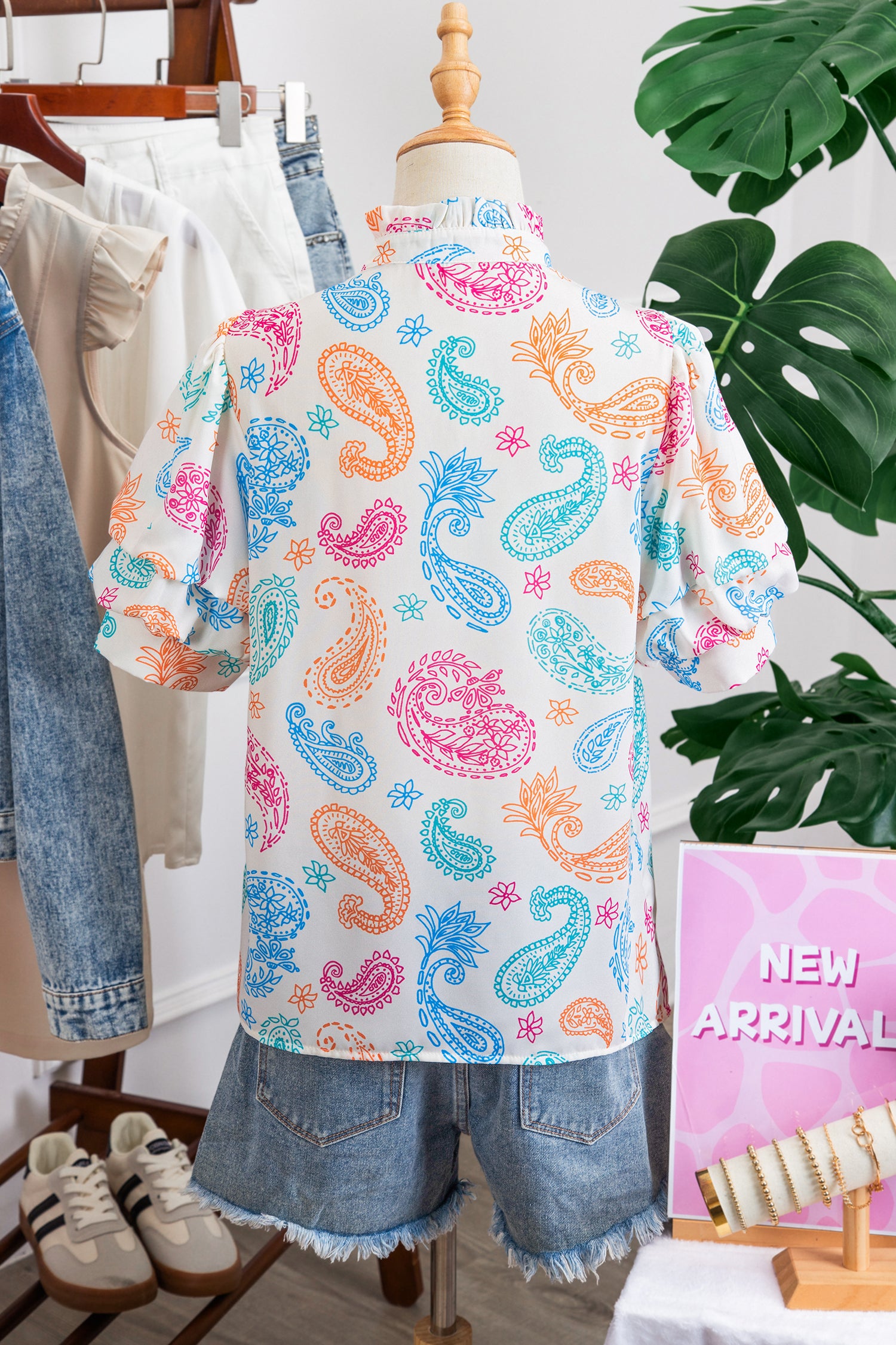 Multicolour Vibrant Paisley Printed Button Keyhole Puff Sleeve Blouse-Tops/Blouses & Shirts-[Adult]-[Female]-2022 Online Blue Zone Planet