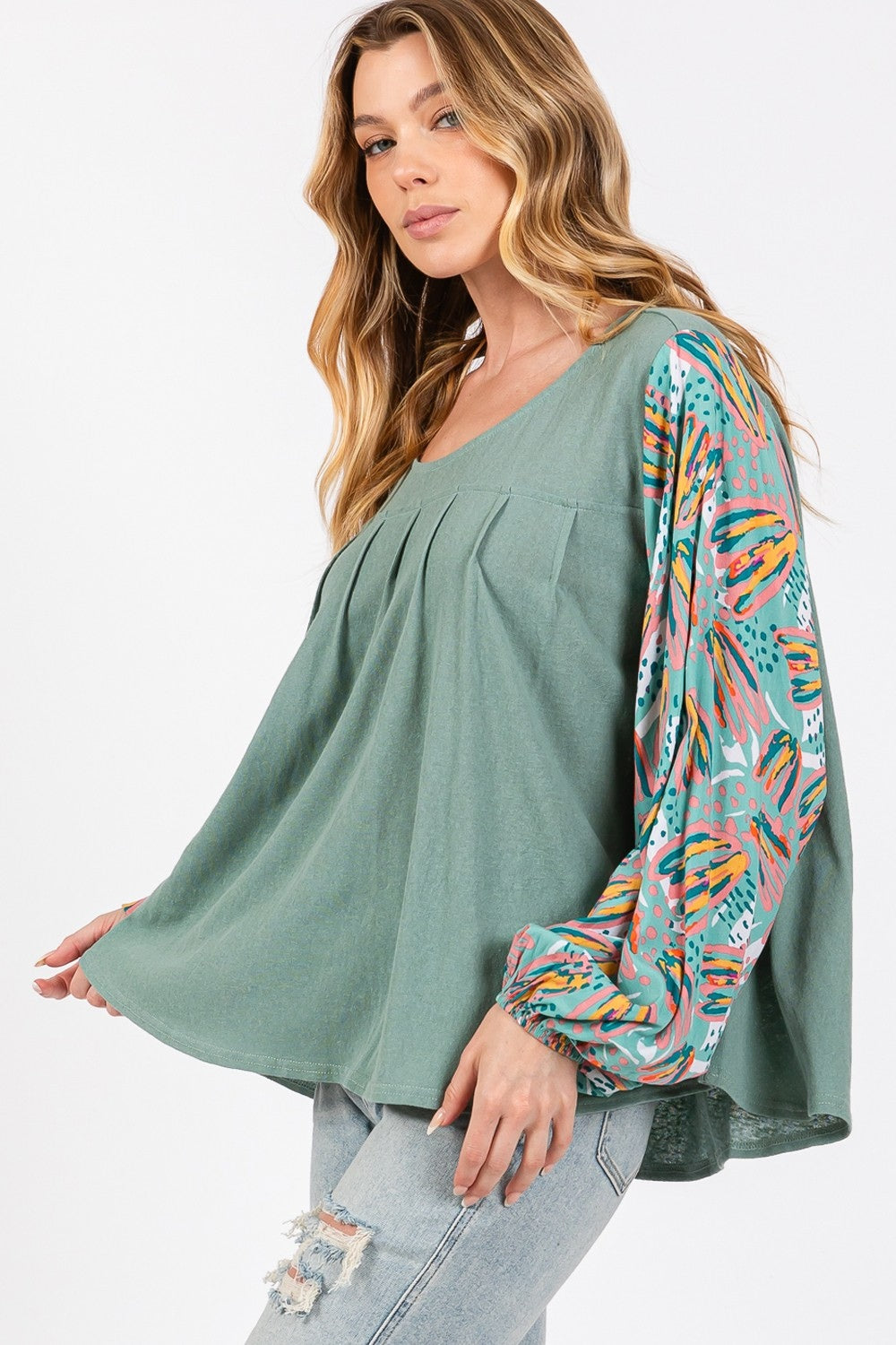 SAGE + FIG Ruched Round Neck Printed Bubble Sleeve Top-TOPS / DRESSES-[Adult]-[Female]-2022 Online Blue Zone Planet