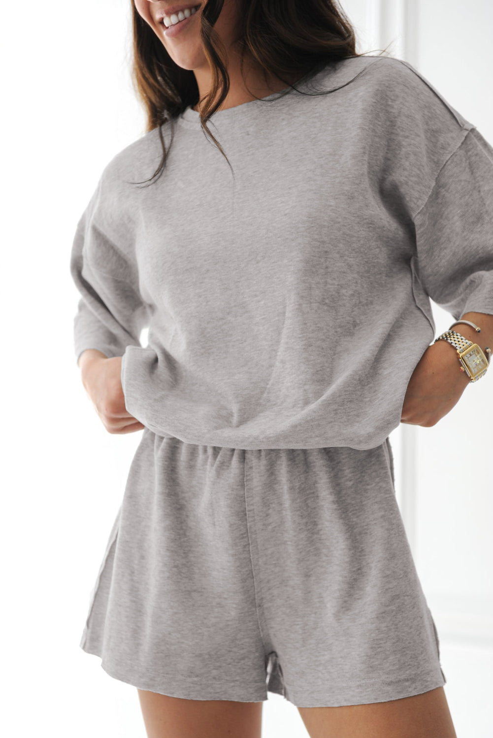 Gray Solid Color Loose Tee 2 Piece Shorts Set-Two Piece Sets/Short Sets-[Adult]-[Female]-2022 Online Blue Zone Planet