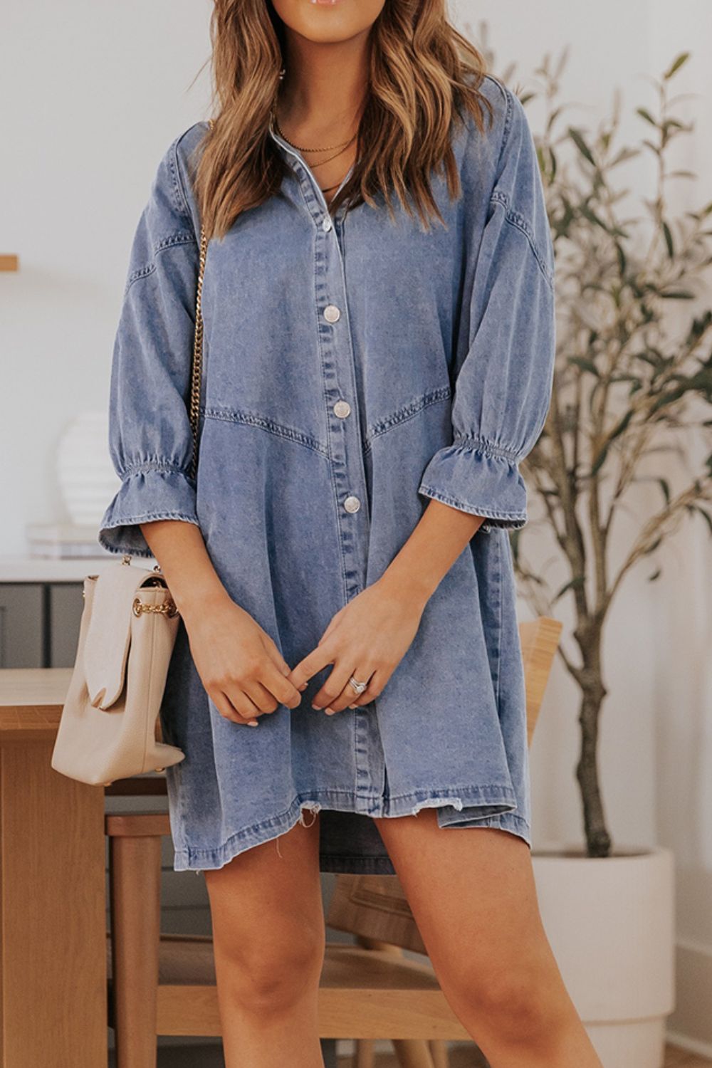 Blue Zone Planet | Distressed Collared Neck Flounce Sleeve Denim Dress-TOPS / DRESSES-[Adult]-[Female]-2022 Online Blue Zone Planet