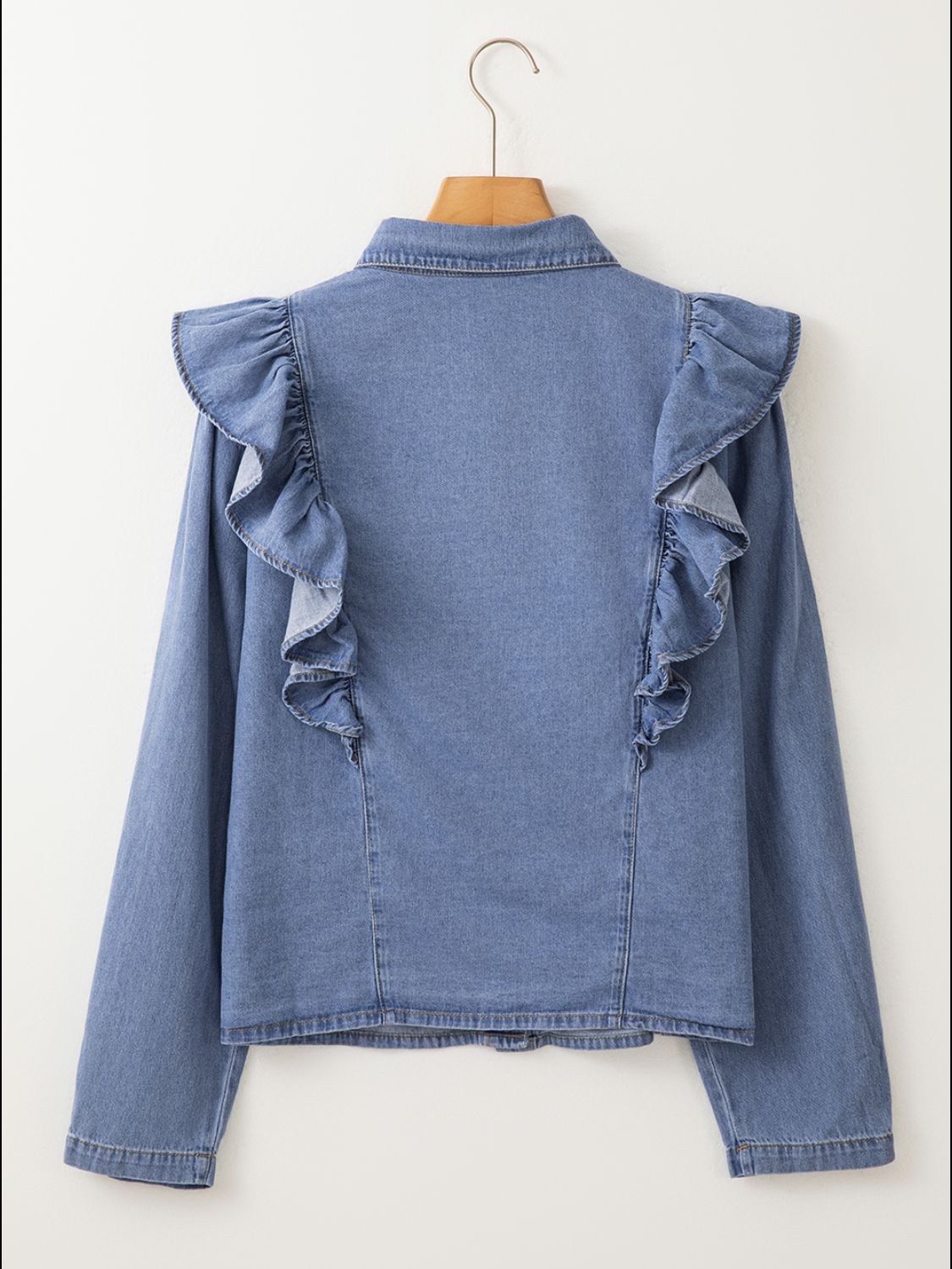 Ruffled Collared Neck Long Sleeve Denim Top-TOPS / DRESSES-[Adult]-[Female]-2022 Online Blue Zone Planet