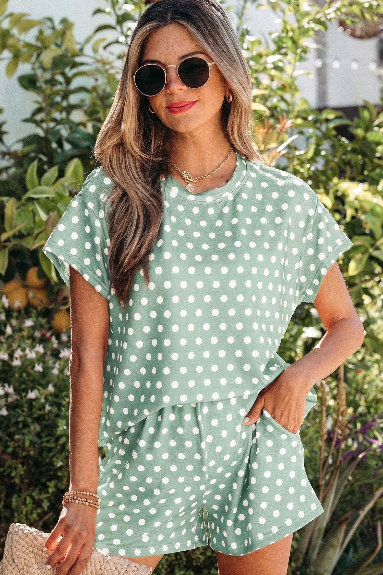 Green Polka Dot Print Short Set-Two Piece Sets/Short Sets-[Adult]-[Female]-Green-S-2022 Online Blue Zone Planet