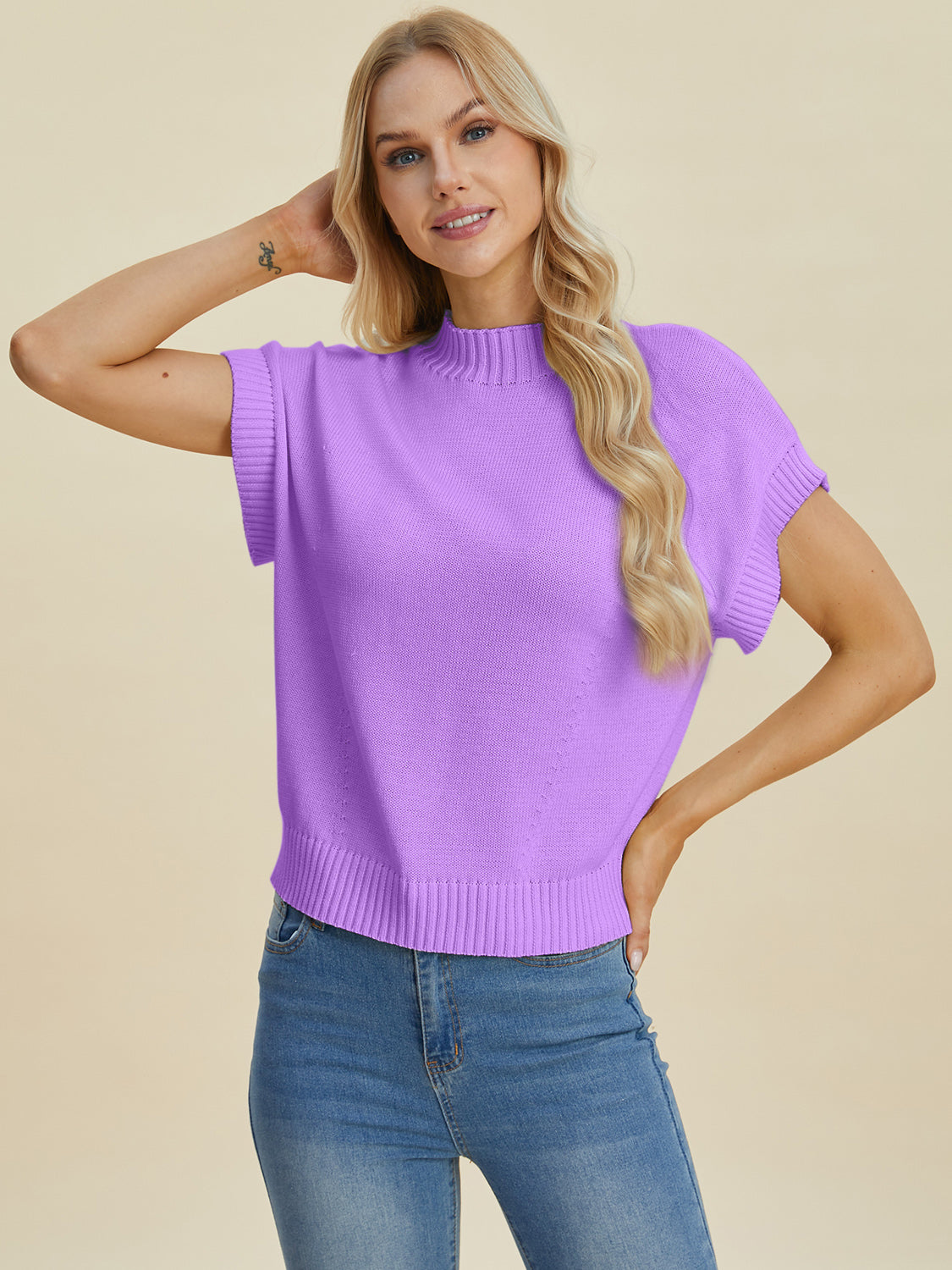 Double Take Full Size Mock Neck Short Sleeve Sweater-TOPS / DRESSES-[Adult]-[Female]-2022 Online Blue Zone Planet