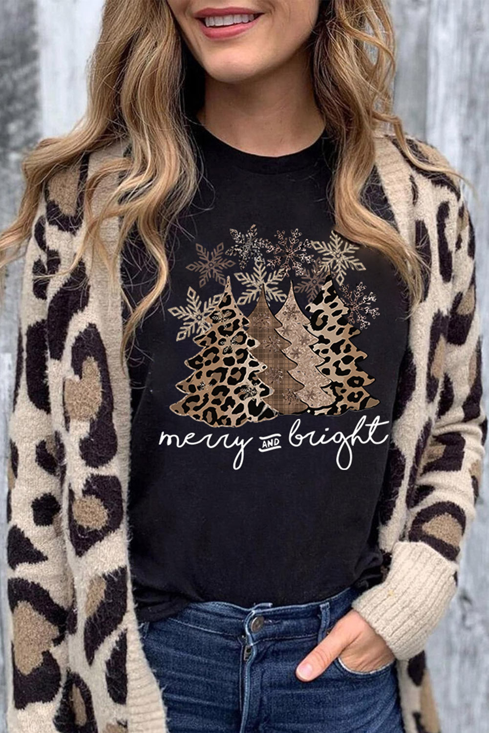 Black Leopard Christmas Tree Graphic Crew Neck T Shirt-Graphic/Graphic Tees-[Adult]-[Female]-Black-S-2022 Online Blue Zone Planet