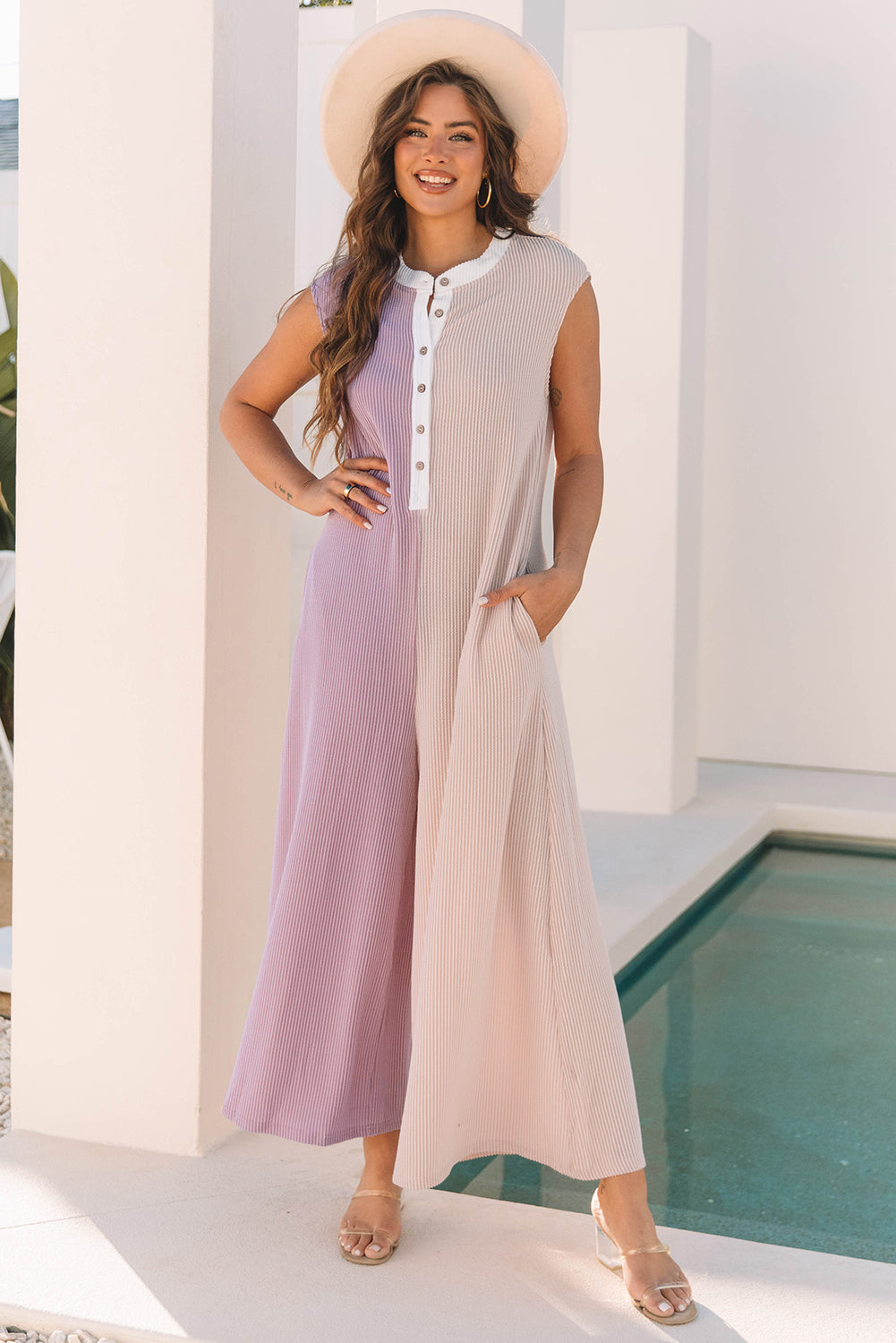 Blue Zone Planet | Parchment Color Block Corded Knit Buttoned Super Wide Leg Jumpsuit-Bottoms/Jumpsuits & Rompers-[Adult]-[Female]-2022 Online Blue Zone Planet