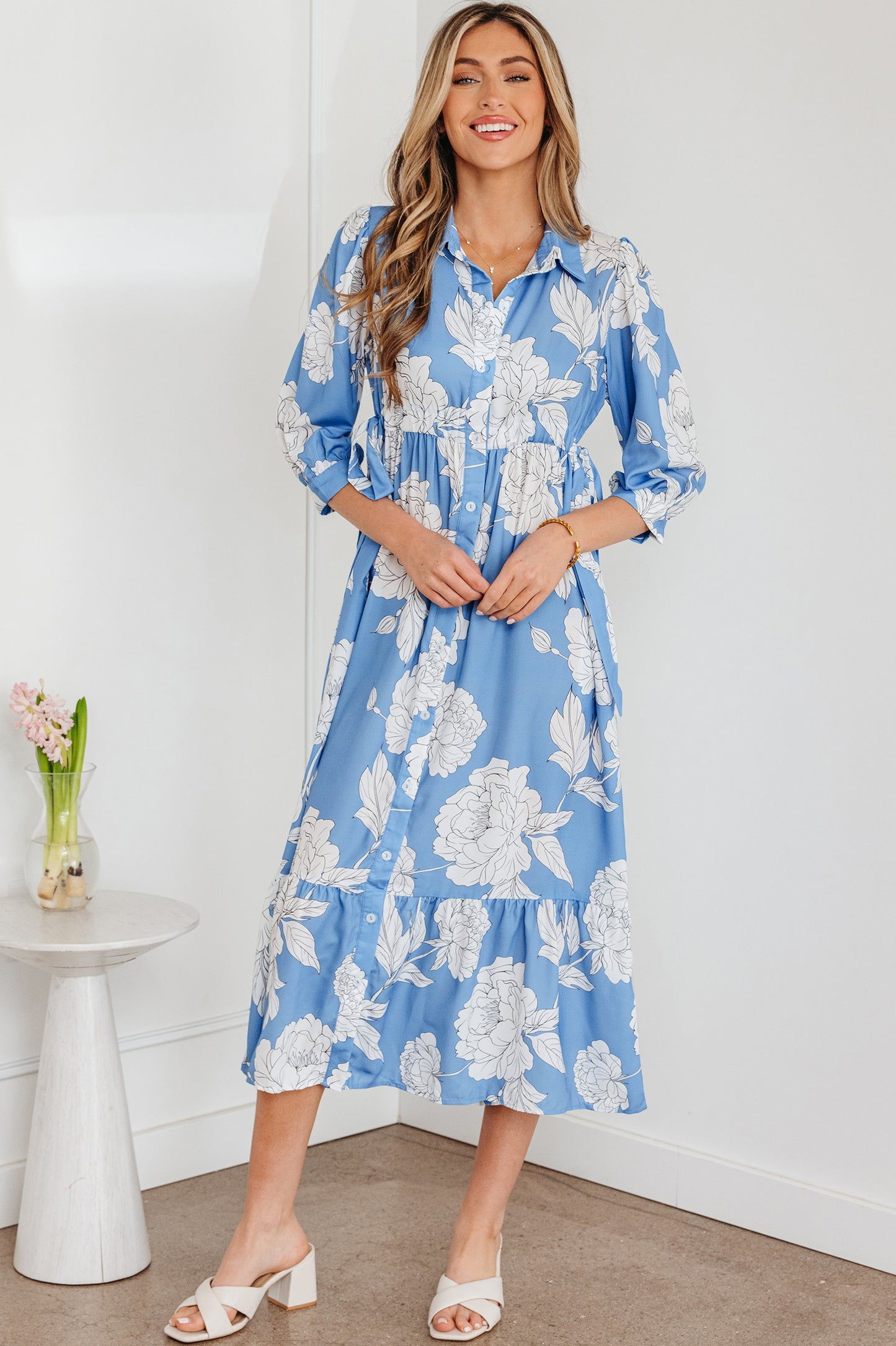 Sky Blue Floral Print Shirt Collar Button Down 3/4 Sleeve Ruffle Hem Long Dress-TOPS / DRESSES-[Adult]-[Female]-2022 Online Blue Zone Planet