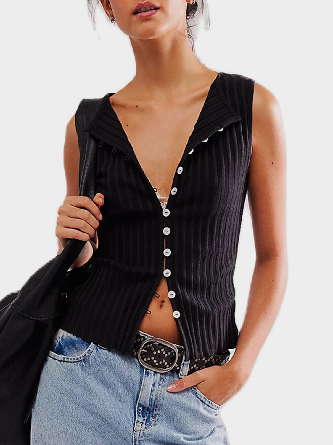 Button Down Round Neck Sweater Vest-TOPS / DRESSES-[Adult]-[Female]-Black-One Size-2022 Online Blue Zone Planet