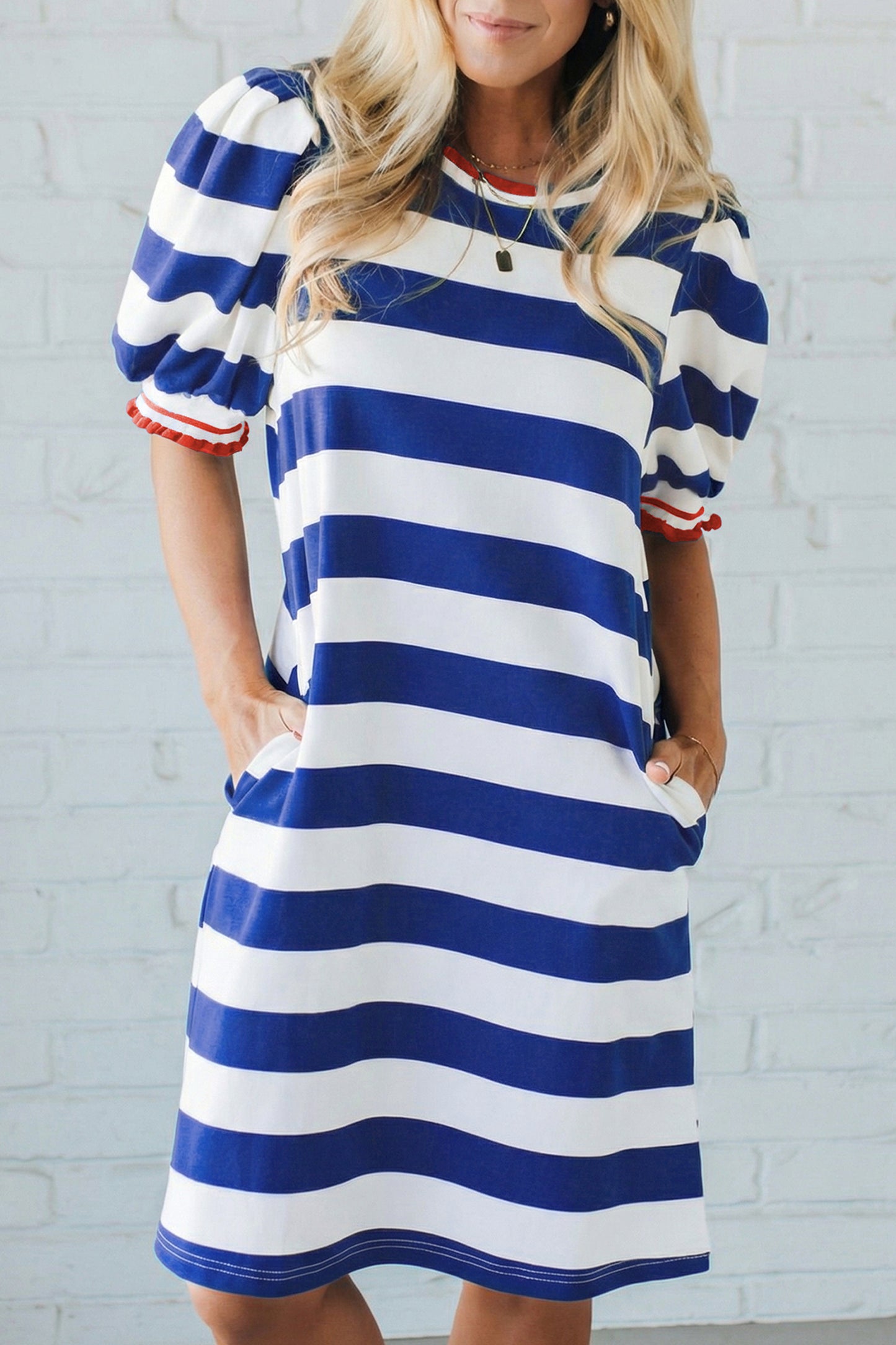 Blue Stripe Contrast Trim Round Neck Short Puff Sleeve Shift Mini Dress-TOPS / DRESSES-[Adult]-[Female]-2022 Online Blue Zone Planet