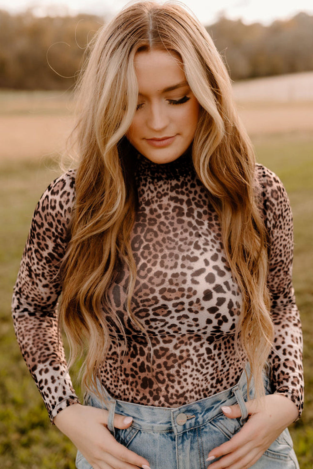 Brown Leopard Smocked Neck Mesh Long Sleeve Bodysuit-Tops/Bodysuits-[Adult]-[Female]-2022 Online Blue Zone Planet