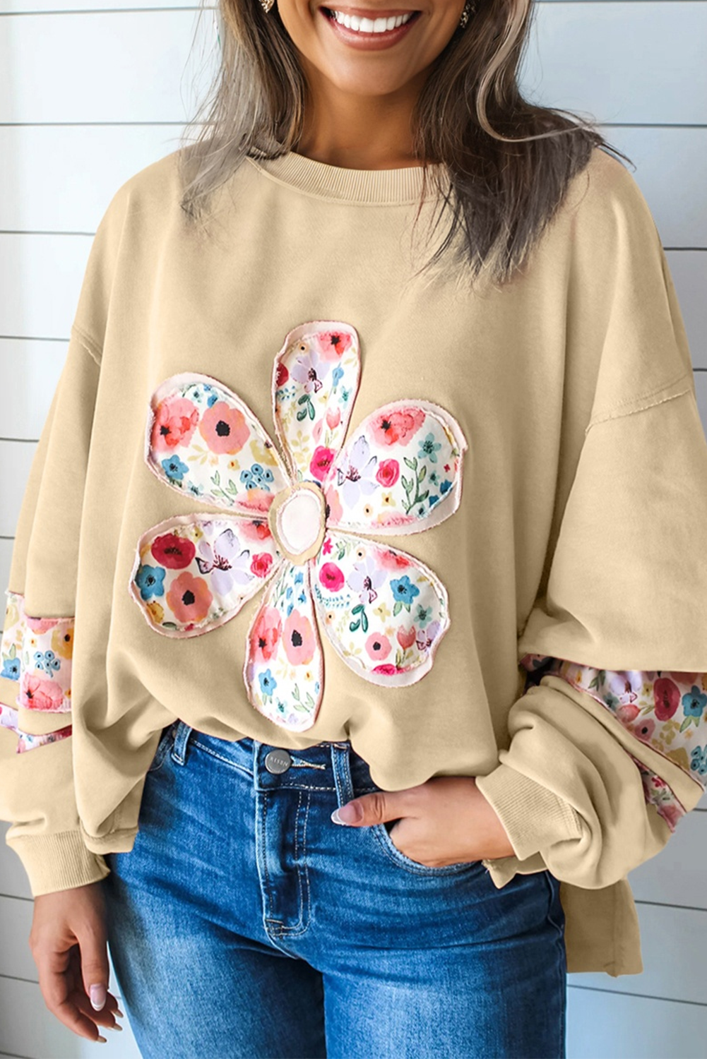 Pale Khaki Floral Applique Baggy Pullover Sweatshirt-Tops/Sweatshirts & Hoodies-[Adult]-[Female]-Pale Khaki-S-2022 Online Blue Zone Planet