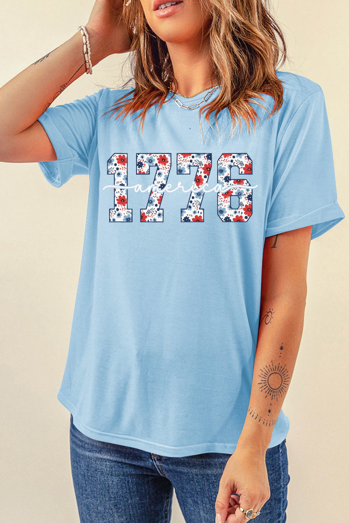 Light Blue America 1776 Floral Print Relaxed T Shirt