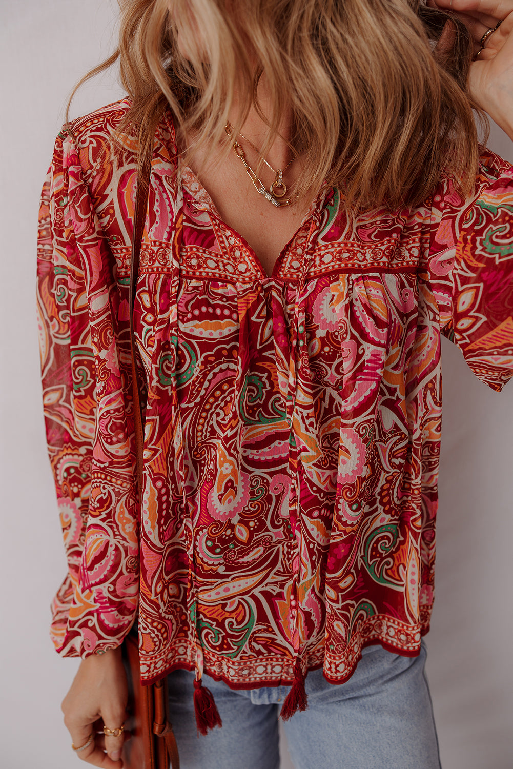 Multicolour Ethnic Paisley Print Tassel Tie Puff Sleeve Boho Blouse-Tops/Blouses & Shirts-[Adult]-[Female]-2022 Online Blue Zone Planet