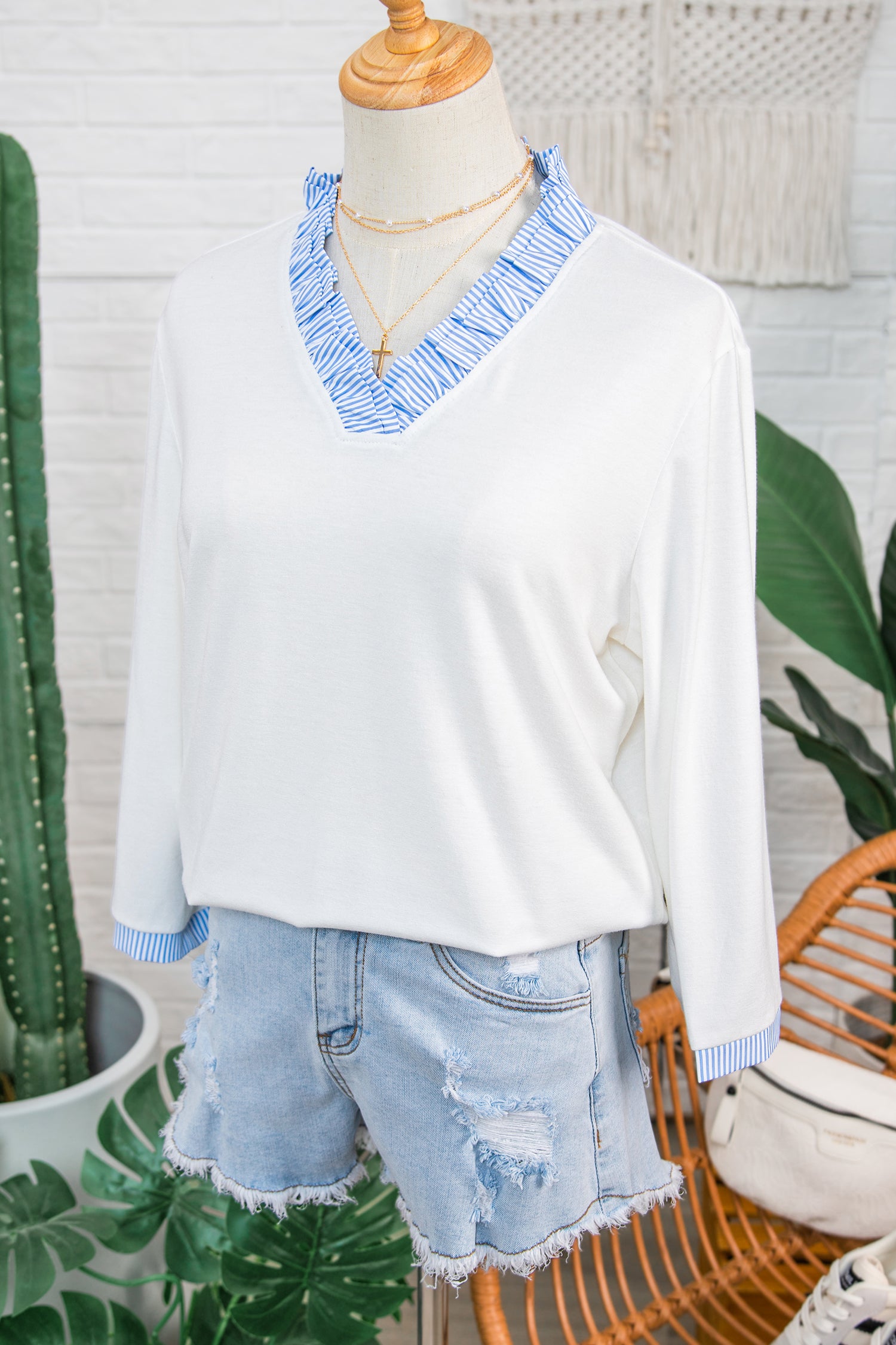 White Striped Patchwork V Neck 3/4 Sleeve Blouse-Tops/Blouses & Shirts-[Adult]-[Female]-2022 Online Blue Zone Planet