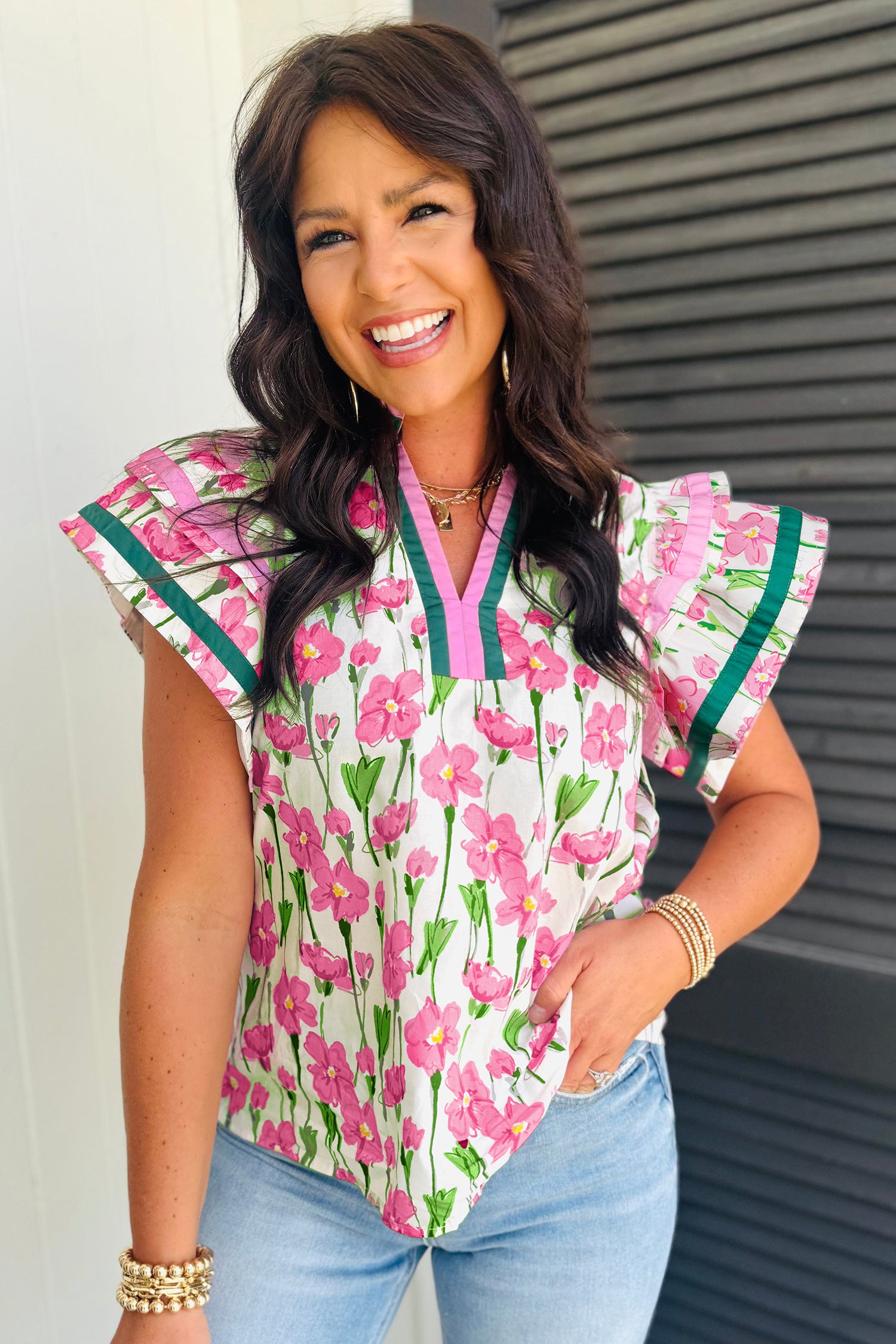 Pink Floral Print Contrast Trim V Neck Double Ruffled Short Sleeve Blouse-Tops/Blouses & Shirts-[Adult]-[Female]-2022 Online Blue Zone Planet