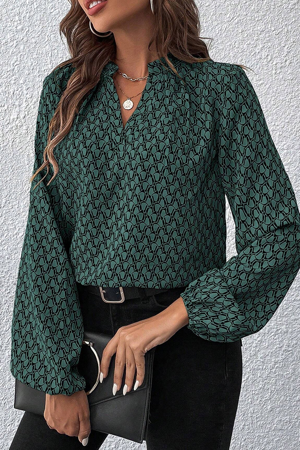 Green Geometric Print Notched Neck Long Sleeve Blouse-Blouses-[Adult]-[Female]-2022 Online Blue Zone Planet