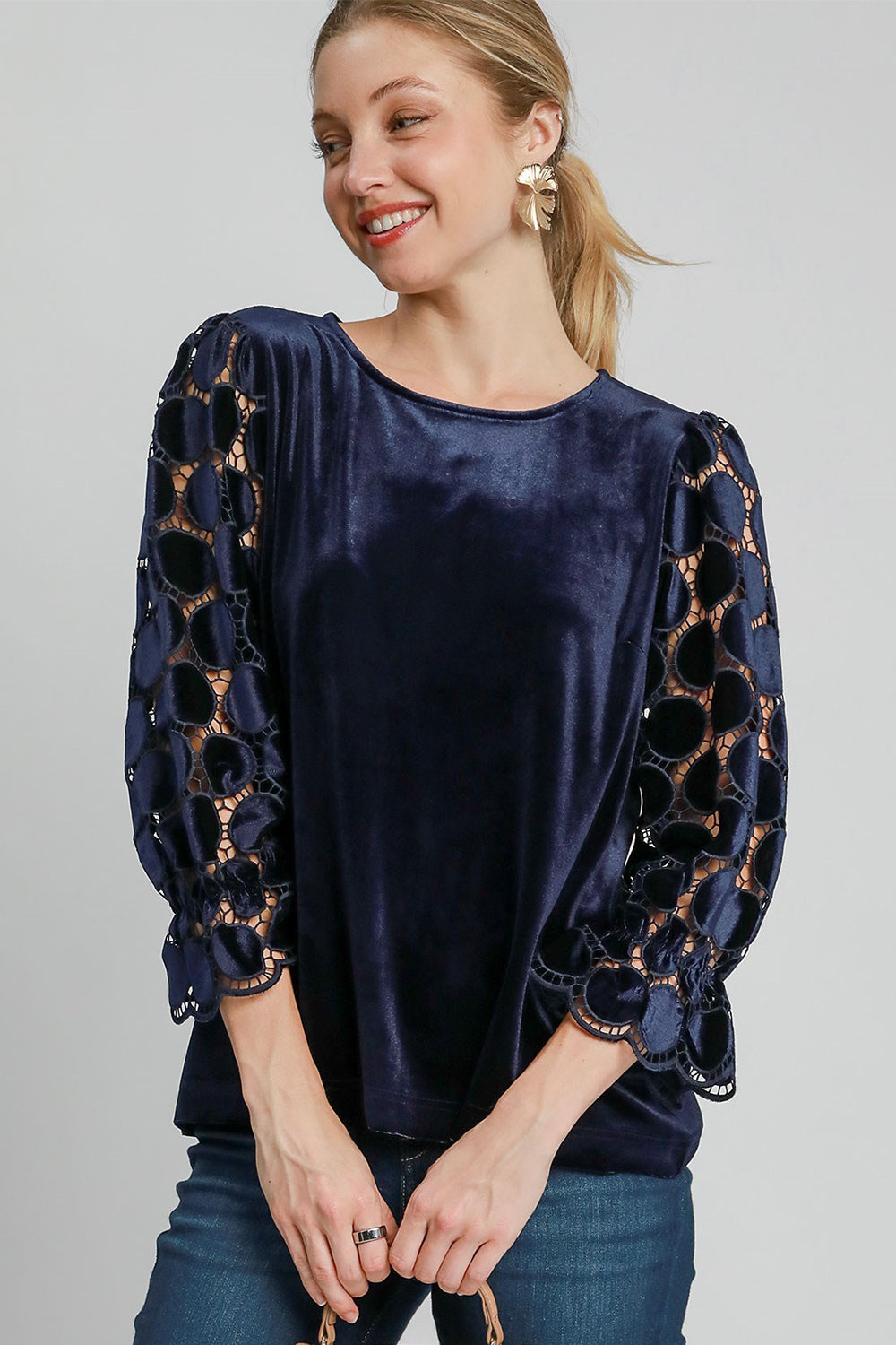 Umgee Polka Dot Lace Long Sleeve Round Neck Blouse-TOPS / DRESSES-[Adult]-[Female]-Navy-S-2022 Online Blue Zone Planet