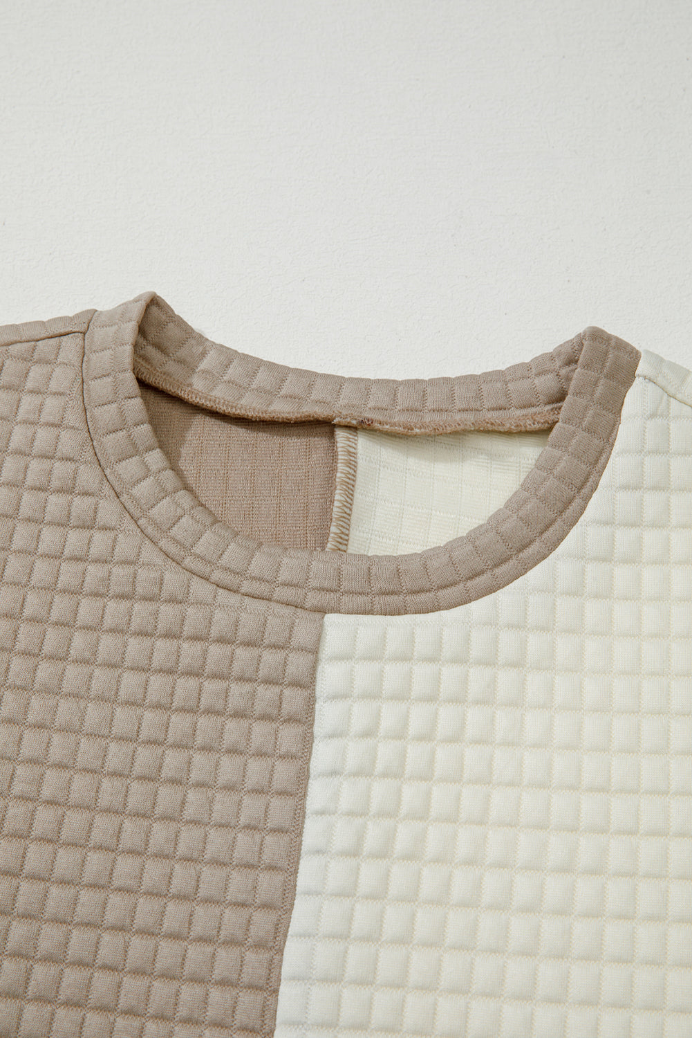 Khaki Color Block Patchwork Textured Long Sleeve Top 2pcs Short Set-Two Piece Sets/Short Sets-[Adult]-[Female]-2022 Online Blue Zone Planet