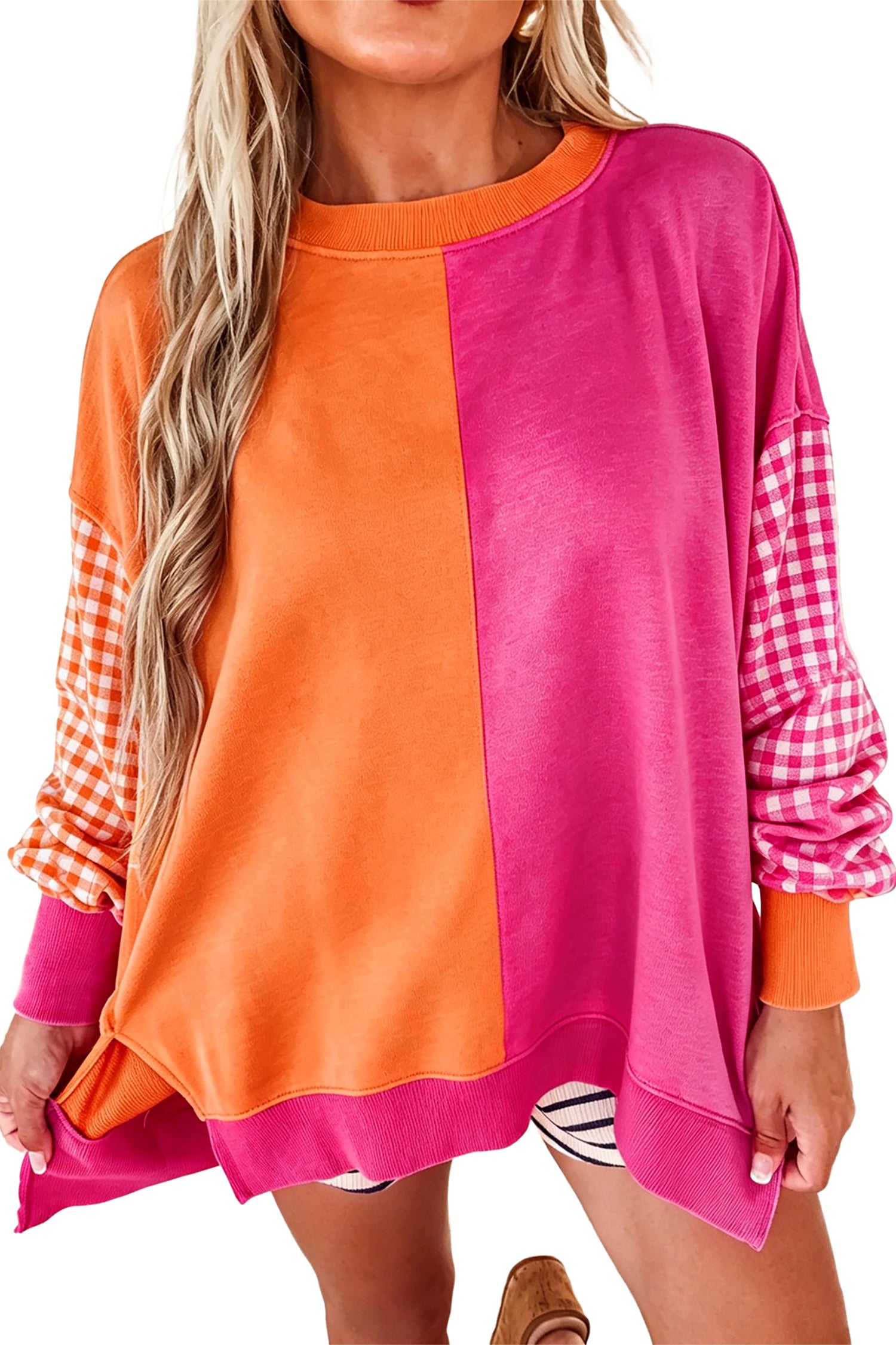 Rose Red Colorblock Gingham Sleeve Crewneck Sweatshirt-Tops/Sweatshirts & Hoodies-[Adult]-[Female]-2022 Online Blue Zone Planet