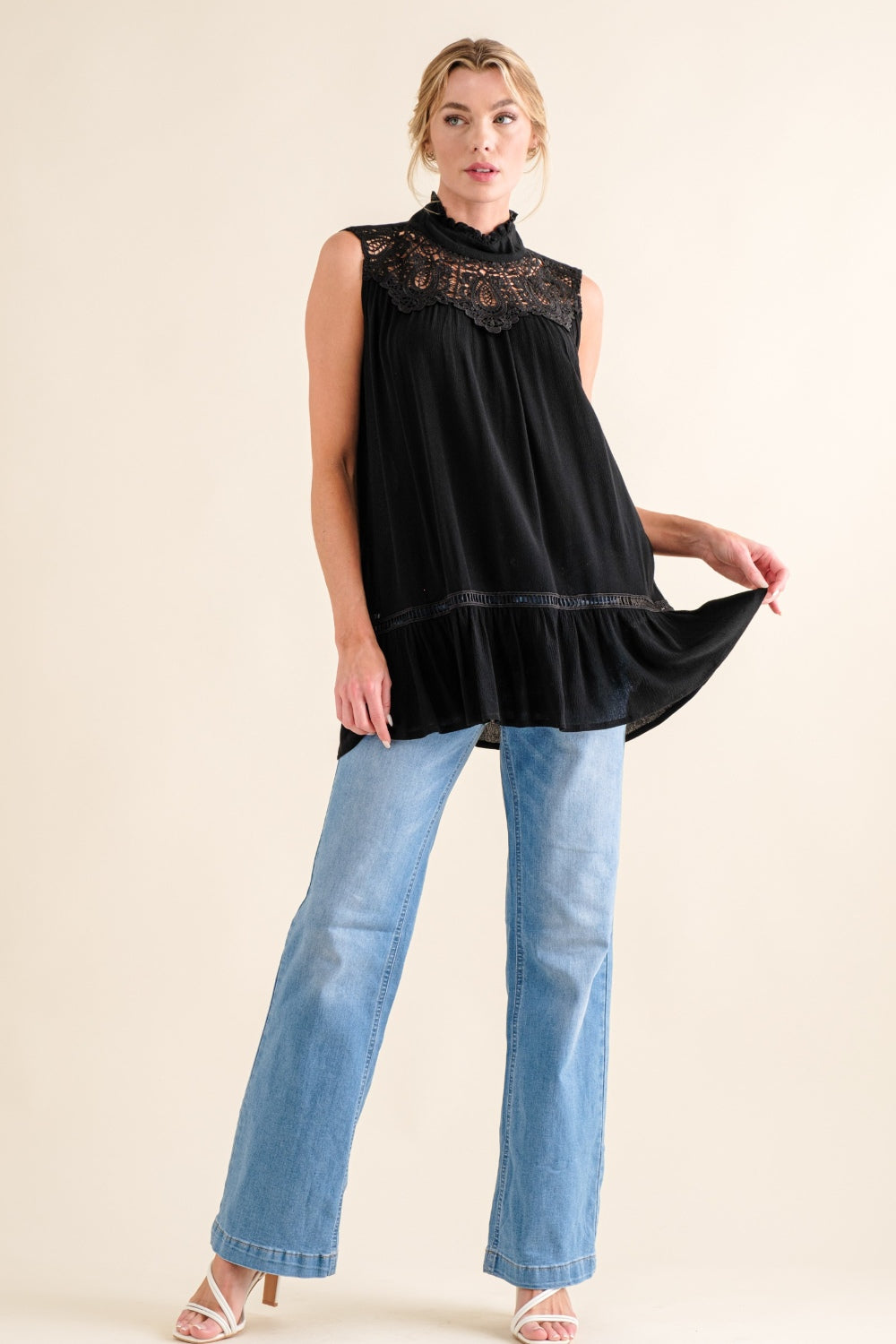 And The Why Lace Detail Sleeveless Ruffled Top-TOPS / DRESSES-[Adult]-[Female]-2022 Online Blue Zone Planet