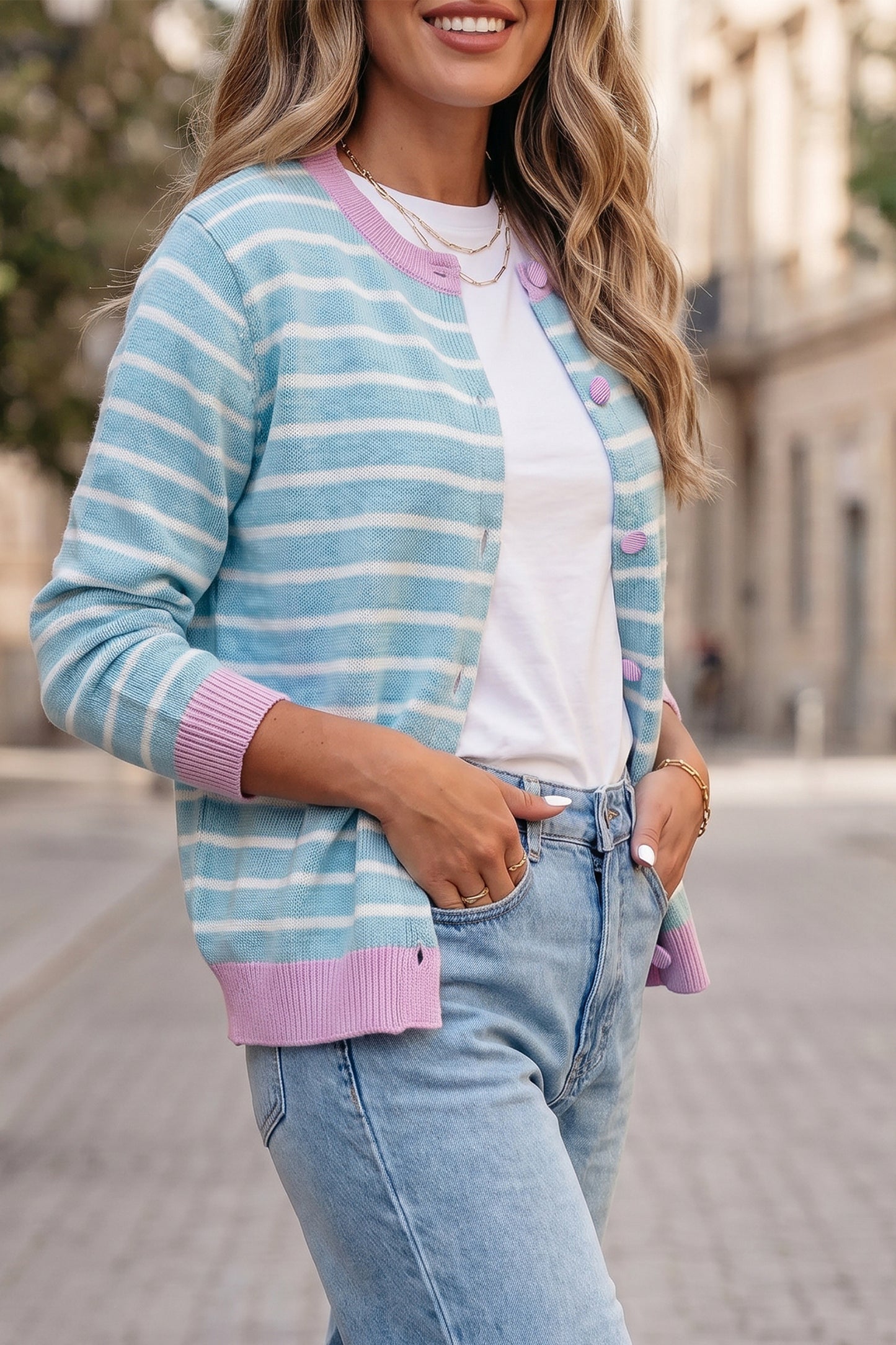 Sky Blue Stripe Contrast Trim Button Down Casual Sweater Cardigan-TOPS / DRESSES-[Adult]-[Female]-2022 Online Blue Zone Planet
