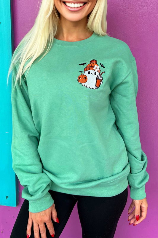 Aruba Blue Cute Halloween Ghost Embroidered Casual Sweatshirt-Tops/Sweatshirts & Hoodies-[Adult]-[Female]-Aruba Blue-S-2022 Online Blue Zone Planet