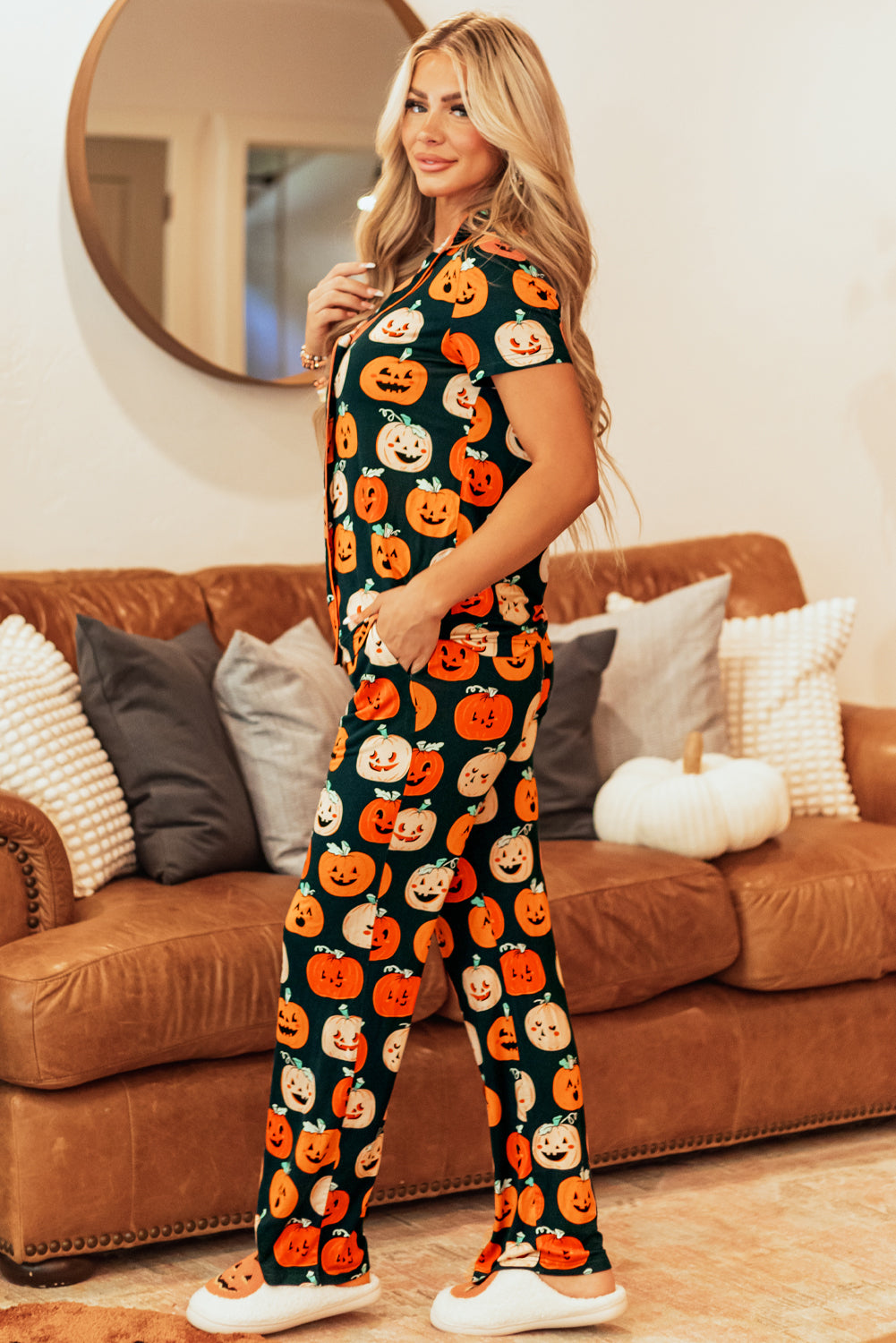 Orange Halloween Pattern Short Sleeve Shirt Pajama Set-Loungewear & Sleepwear/Sleepwear-[Adult]-[Female]-2022 Online Blue Zone Planet