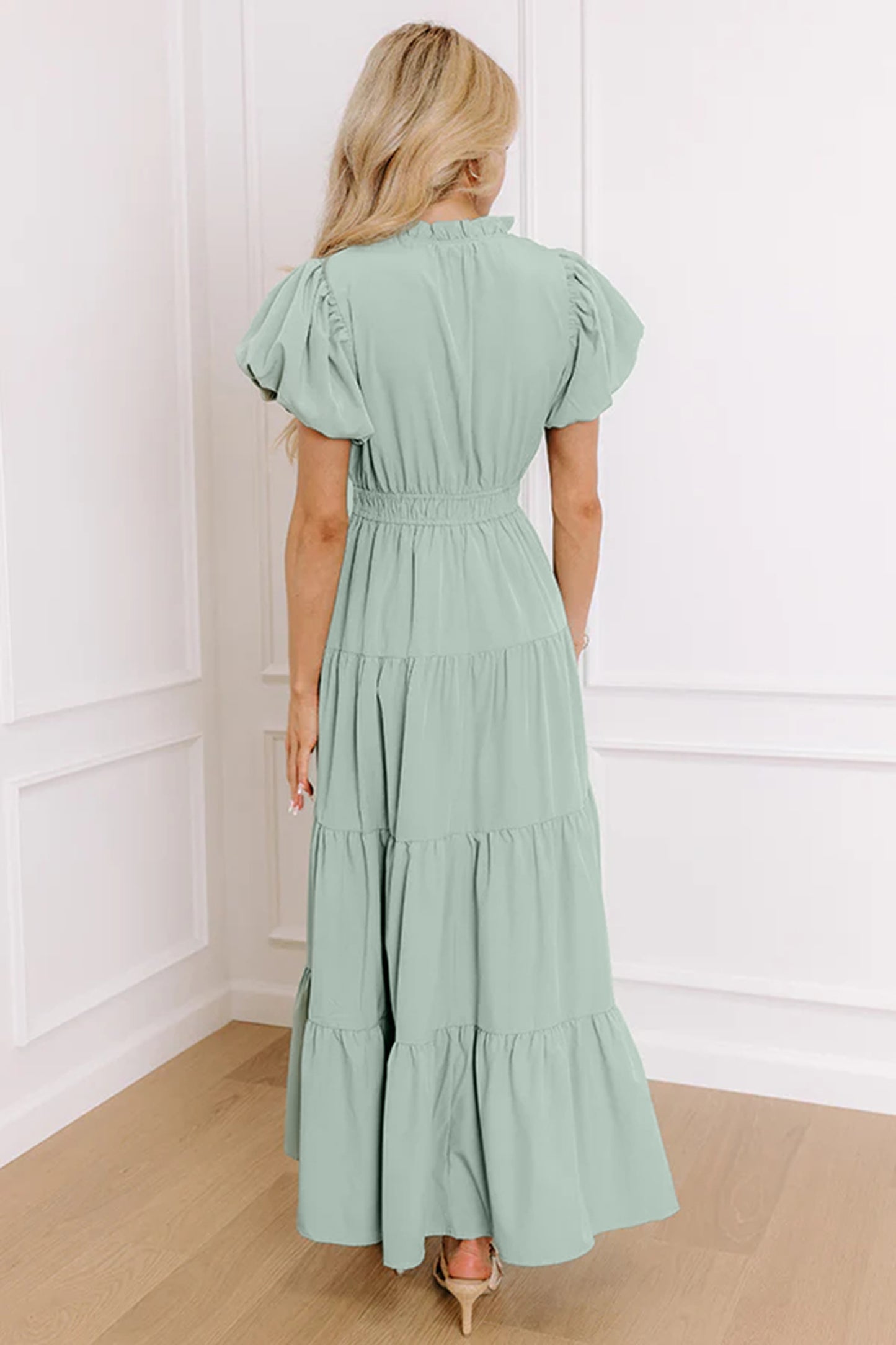 Clearly Aqua Solid Color V Neck Short Puff Sleeve High Waist Tiered Maxi Dress-TOPS / DRESSES-[Adult]-[Female]-2022 Online Blue Zone Planet