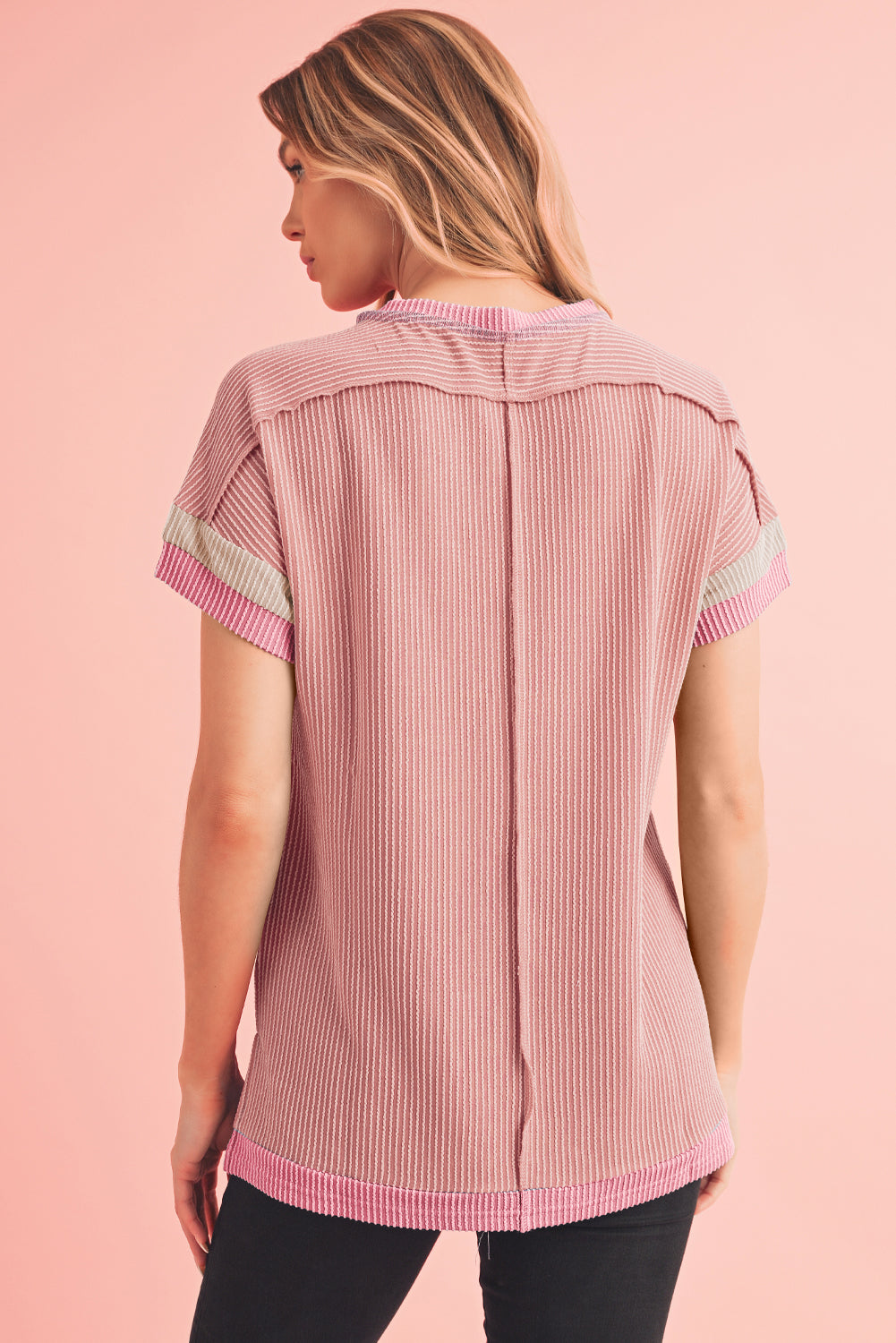 Sky Blue Textured Colorblock Round Neck T Shirt-T Shirts-[Adult]-[Female]-2022 Online Blue Zone Planet
