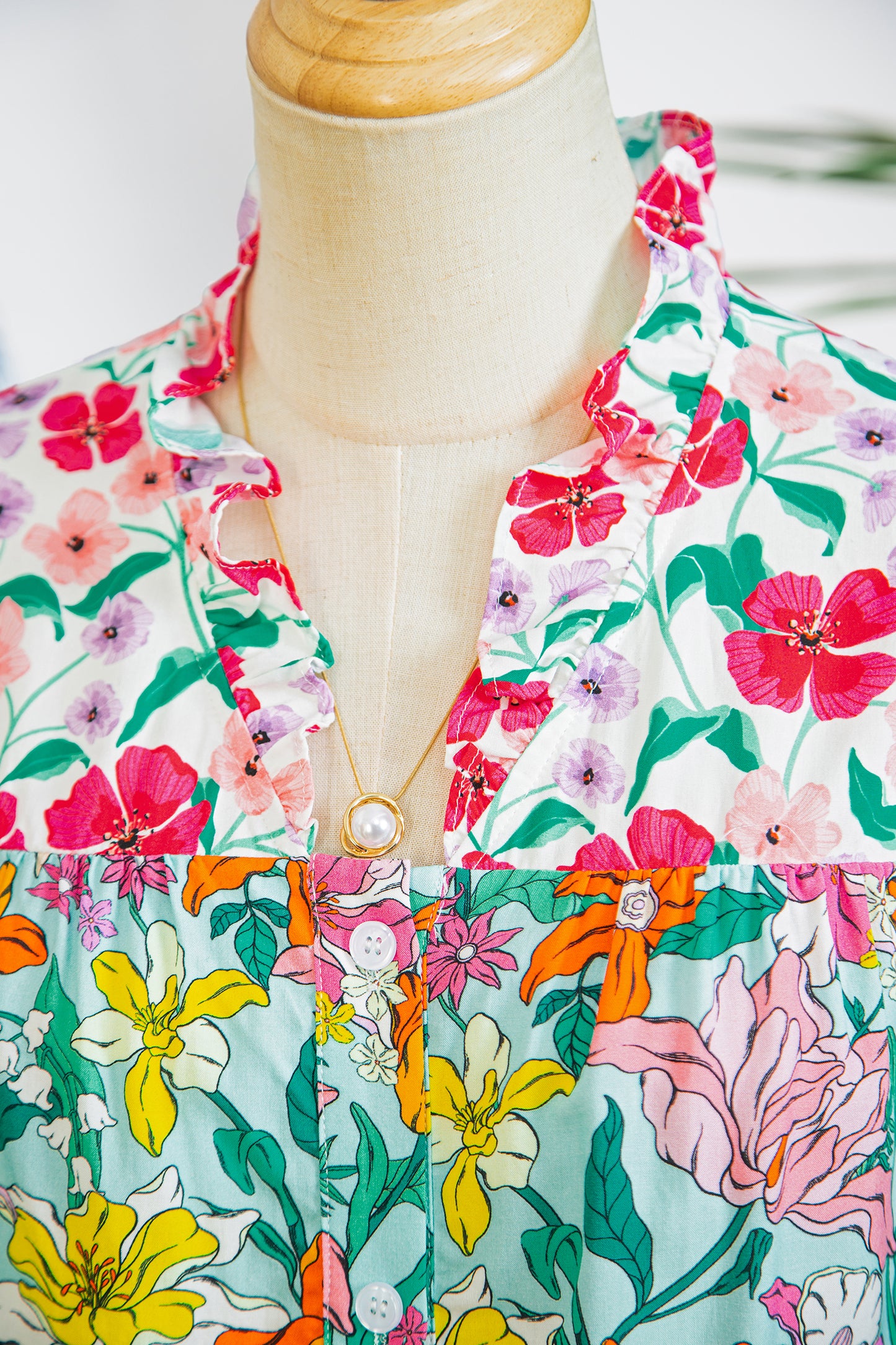 Sky Blue Floral Print Split Neck Button Front Flutter Sleeve Blouse-Tops/Blouses & Shirts-[Adult]-[Female]-2022 Online Blue Zone Planet