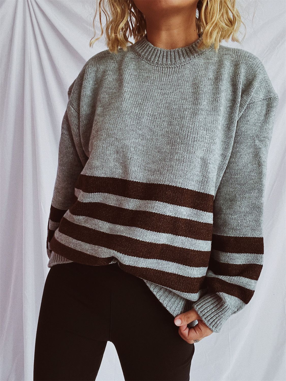 Striped Dropped Shoulder Long Sleeve Sweater-TOPS / DRESSES-[Adult]-[Female]-2022 Online Blue Zone Planet