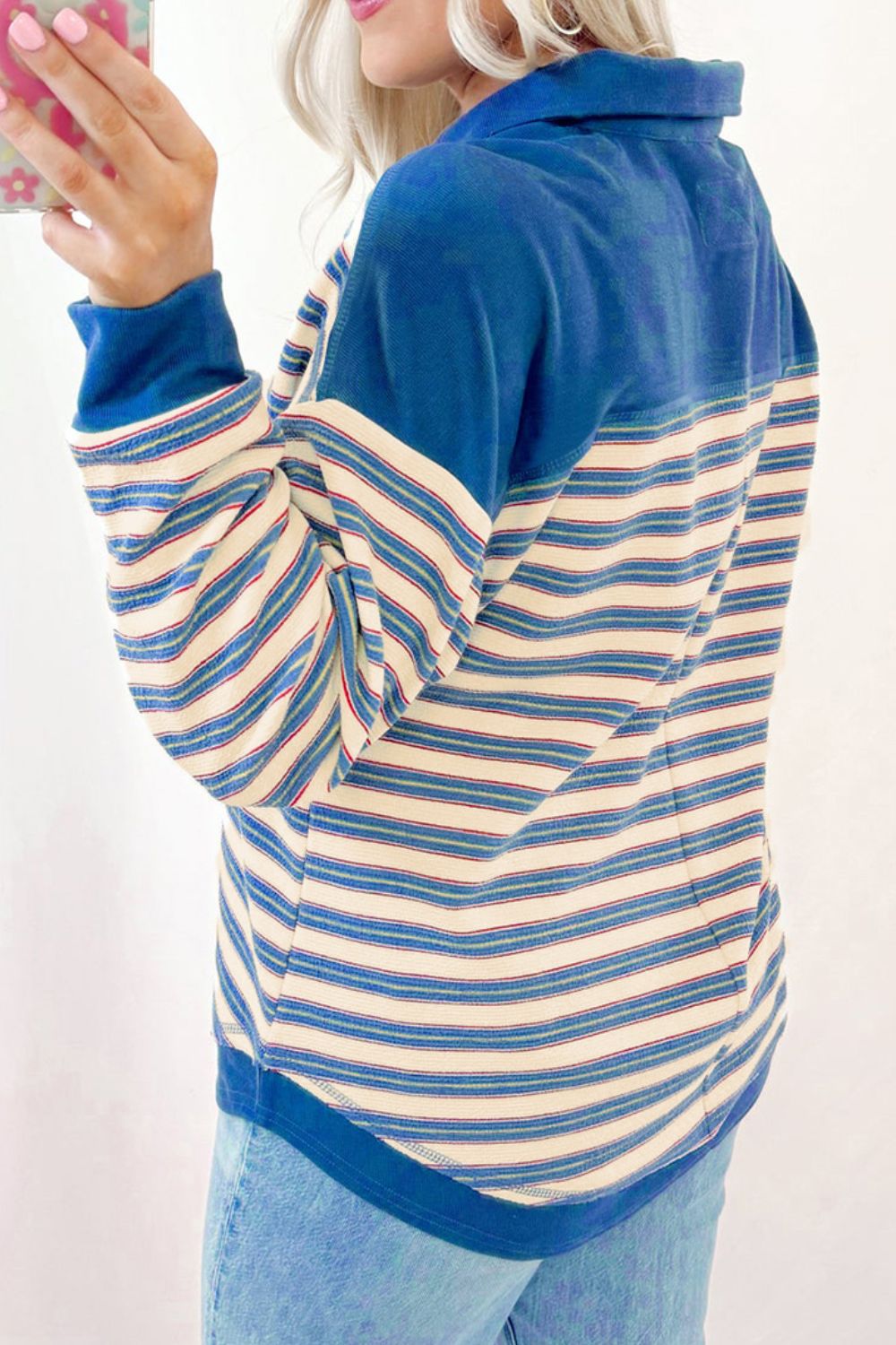 Striped Johnny Collar Long Sleeve Sweatshirt-TOPS / DRESSES-[Adult]-[Female]-2022 Online Blue Zone Planet