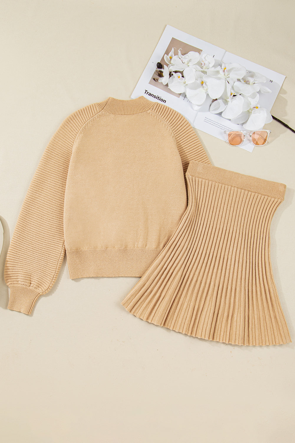 Smoke Gray High Neck Puff Sleeve Sweater Pleated Mini Skirt 2pcs Knitted Outfit-TOPS / DRESSES-[Adult]-[Female]-2022 Online Blue Zone Planet