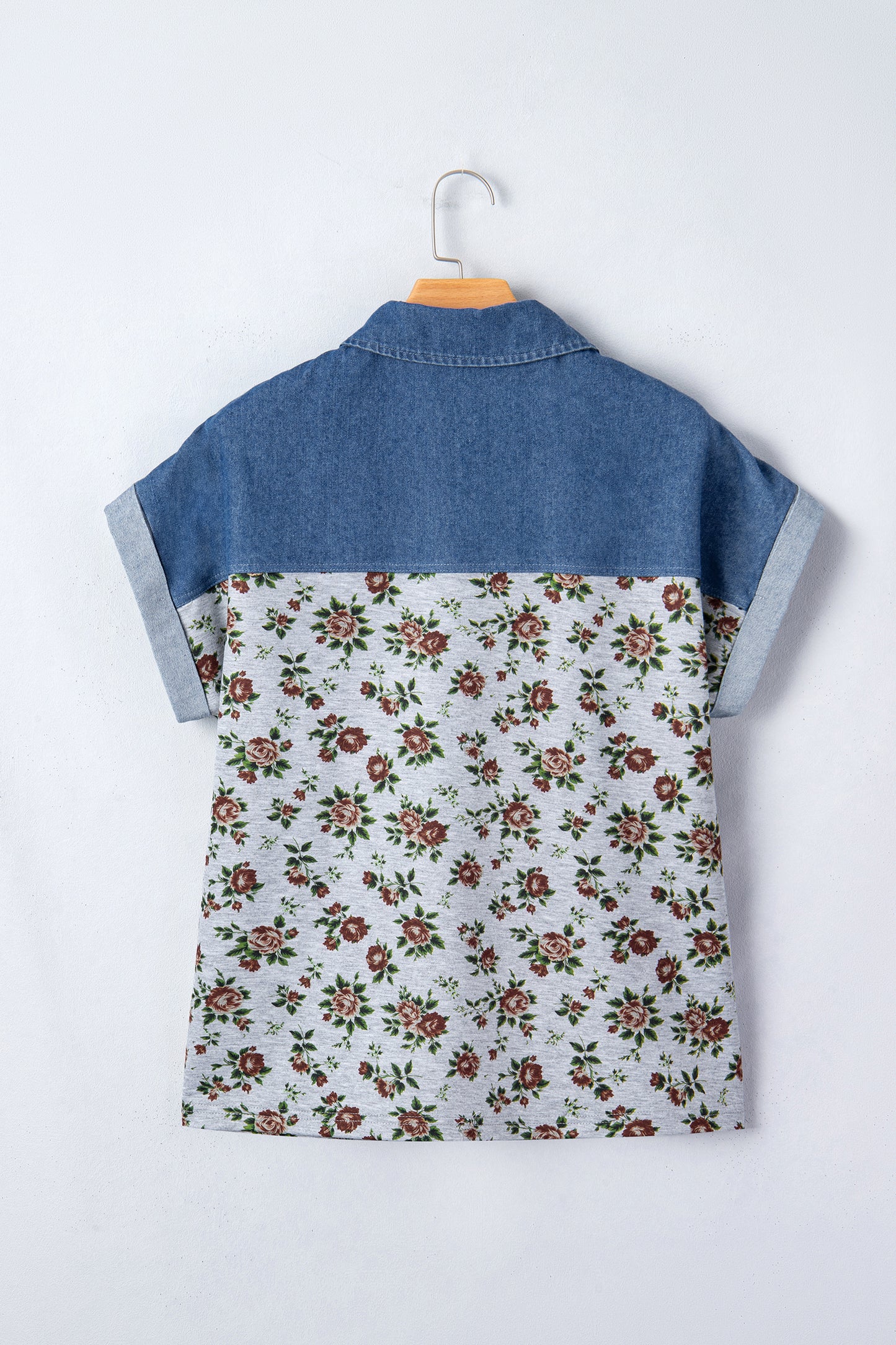Gray Retro Floral Print Denim Patchwork Buttoned Polo Collar Top-Tops/Blouses & Shirts-[Adult]-[Female]-2022 Online Blue Zone Planet