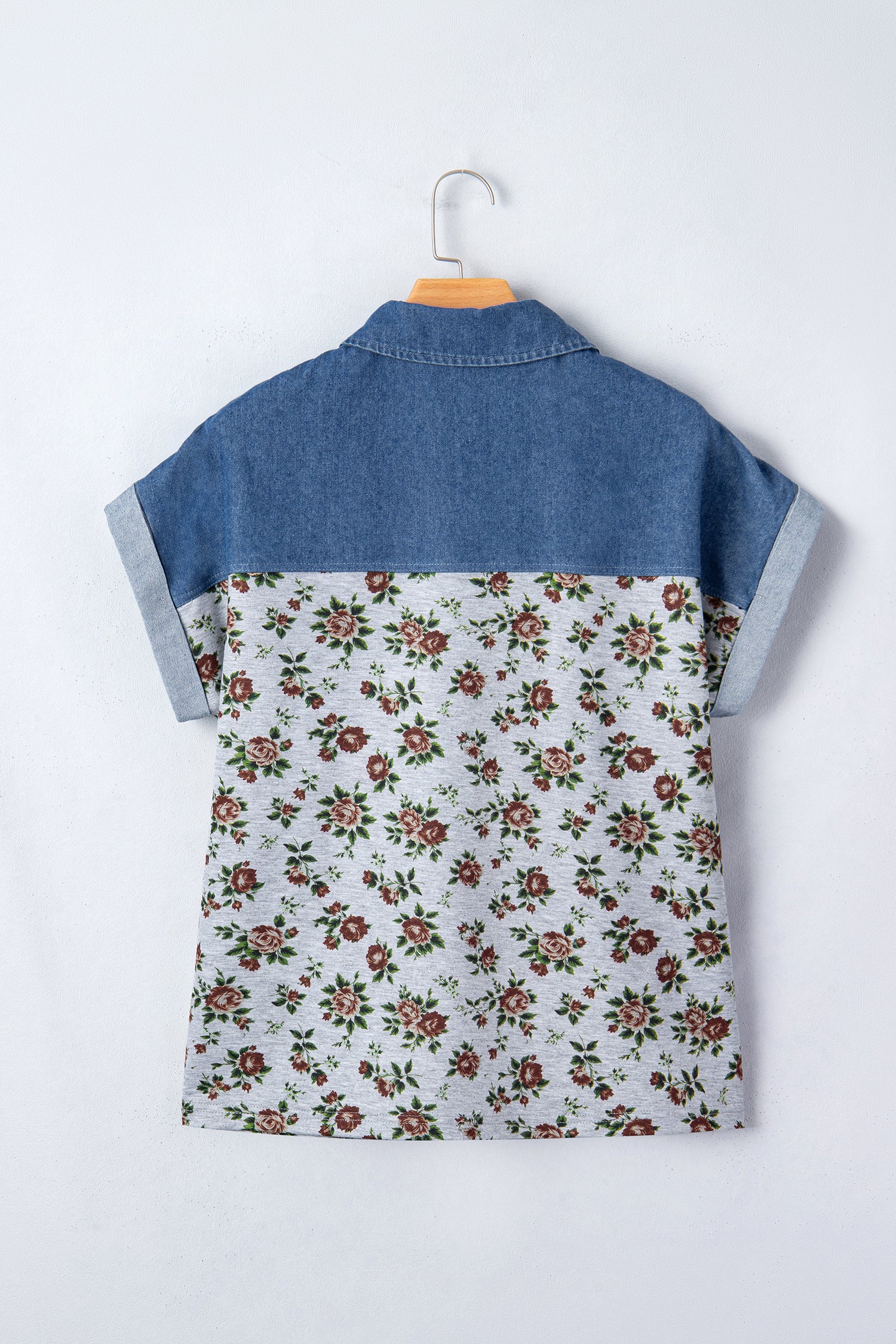 Gray Retro Floral Print Denim Patchwork Buttoned Polo Collar Top-Tops/Blouses & Shirts-[Adult]-[Female]-2022 Online Blue Zone Planet