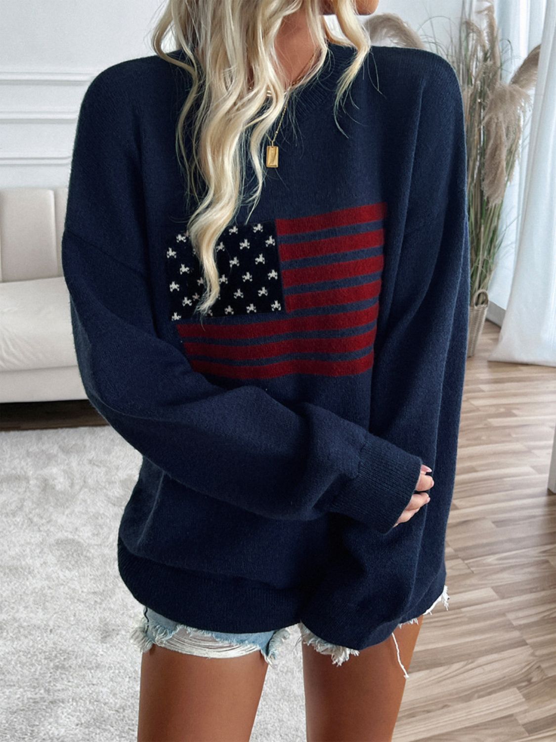 Devine US Flag Round Neck Long Sleeve Knit Top-TOPS / DRESSES-[Adult]-[Female]-2022 Online Blue Zone Planet