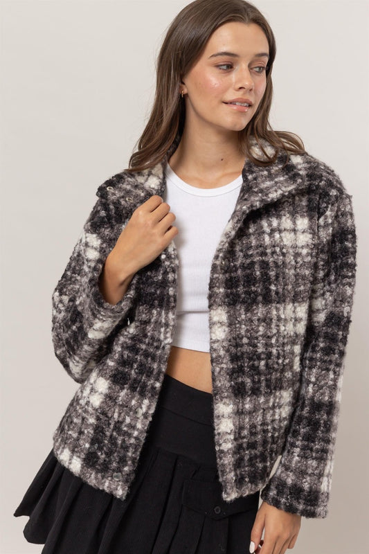 HYFVE Plaid Collared Neck Boucle Jacket with Pockets-TOPS / DRESSES-[Adult]-[Female]-Black-S-2022 Online Blue Zone Planet