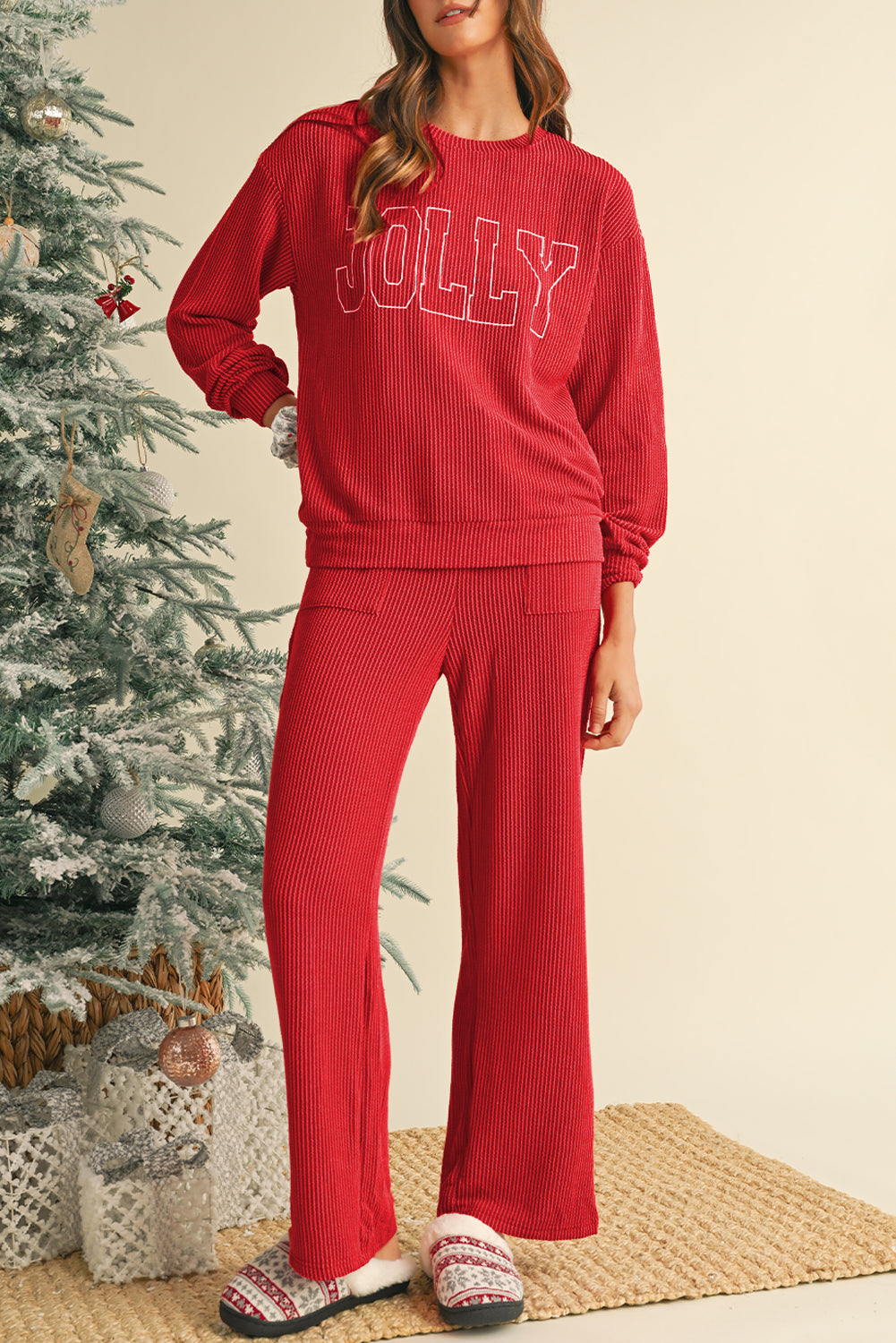 Fiery Red Crinkle Rib JOLLY Pattern Long Sleeve Top and Pockets Pants Set-Two Piece Pants Sets-[Adult]-[Female]-2022 Online Blue Zone Planet