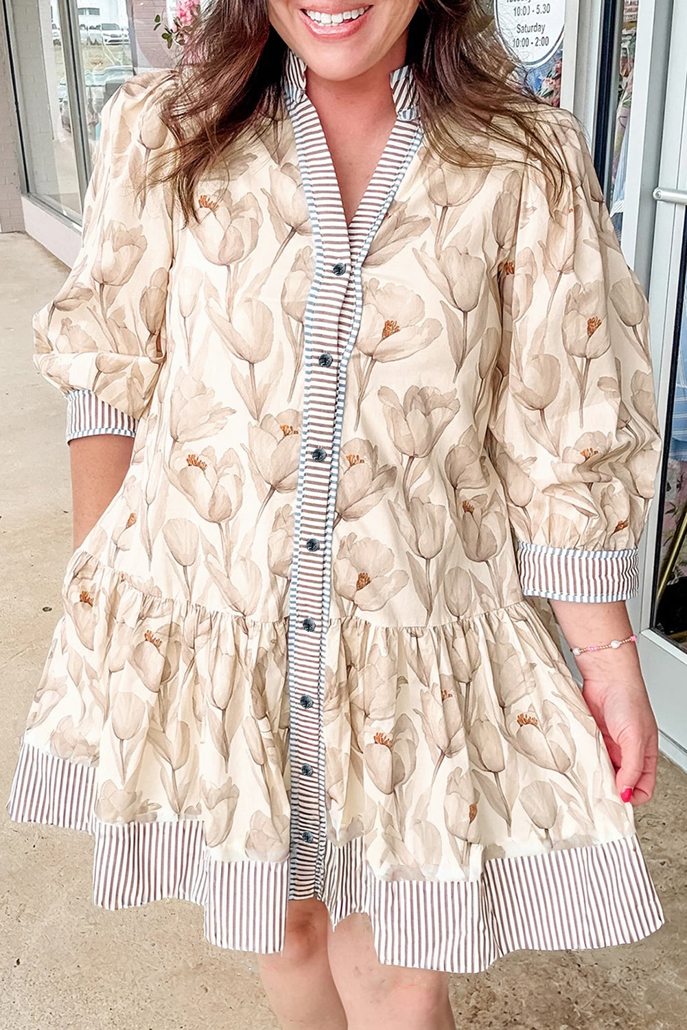 Khaki Plus Size Floral Print Striped Trim Patchwork Button Down A-line Dress-TOPS / DRESSES-[Adult]-[Female]-Khaki-1X-2022 Online Blue Zone Planet