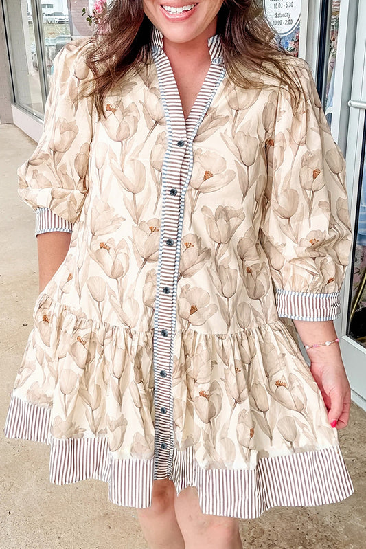 Khaki Plus Size Floral Print Striped Trim Patchwork Button Down A-line Dress-TOPS / DRESSES-[Adult]-[Female]-Khaki-1X-2022 Online Blue Zone Planet
