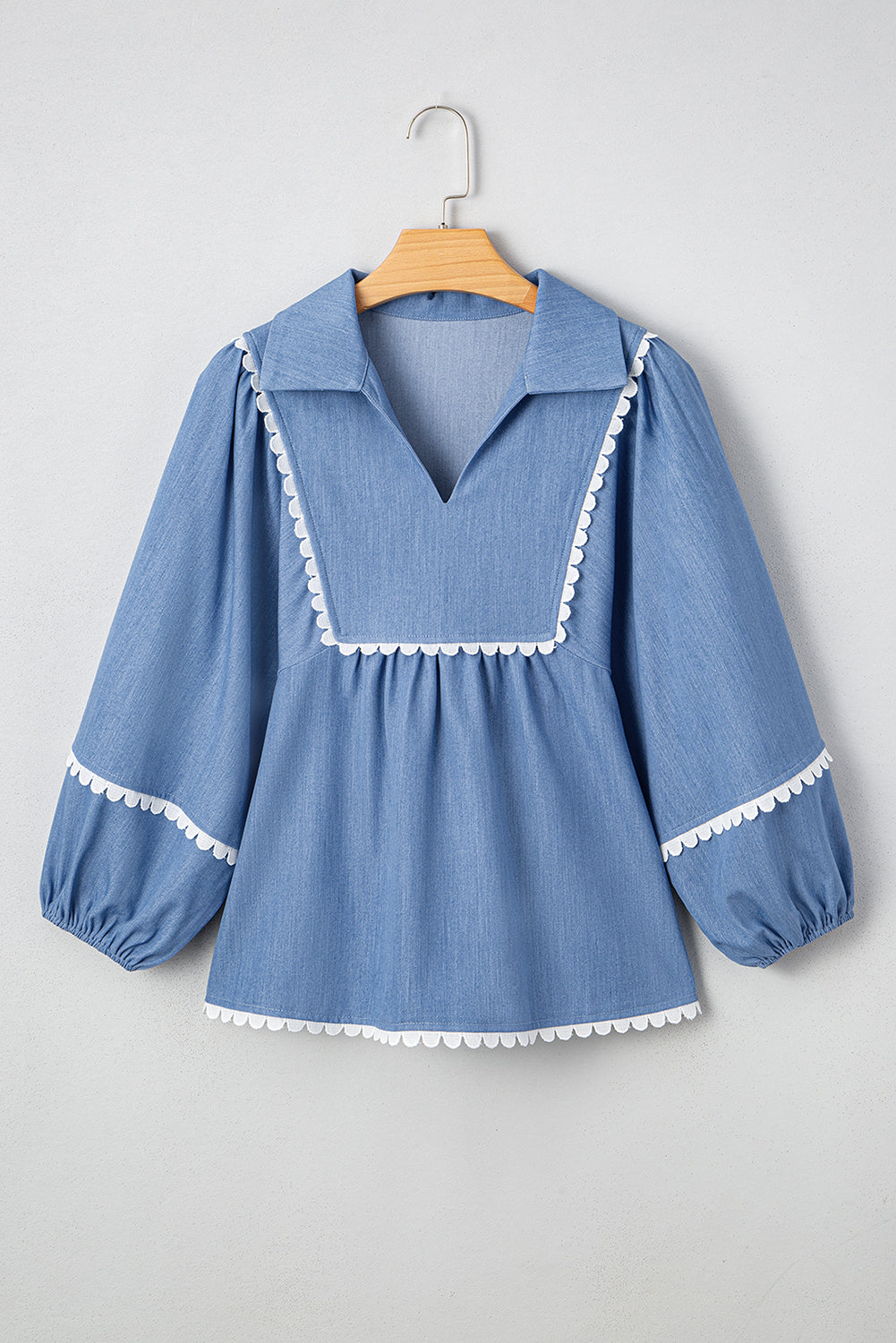 Dusk Blue Lace Ric Rac 3/4 Puff Sleeve Collared Babydoll Blouse-Tops/Blouses & Shirts-[Adult]-[Female]-2022 Online Blue Zone Planet