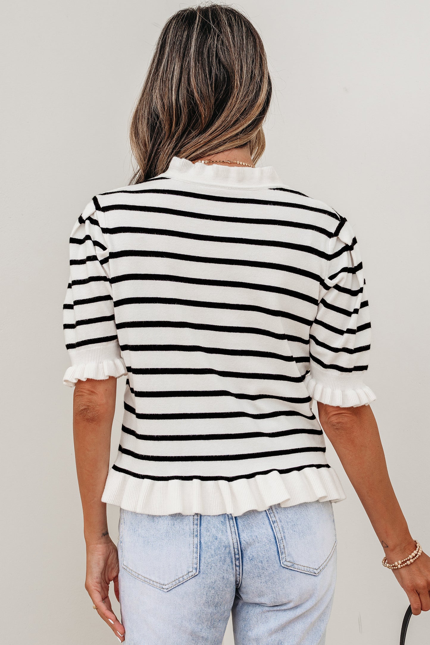 Beige Stripe Ruffle Trim Button Down Knit Short Sleeve Sweater Cardigan-TOPS / DRESSES-[Adult]-[Female]-2022 Online Blue Zone Planet