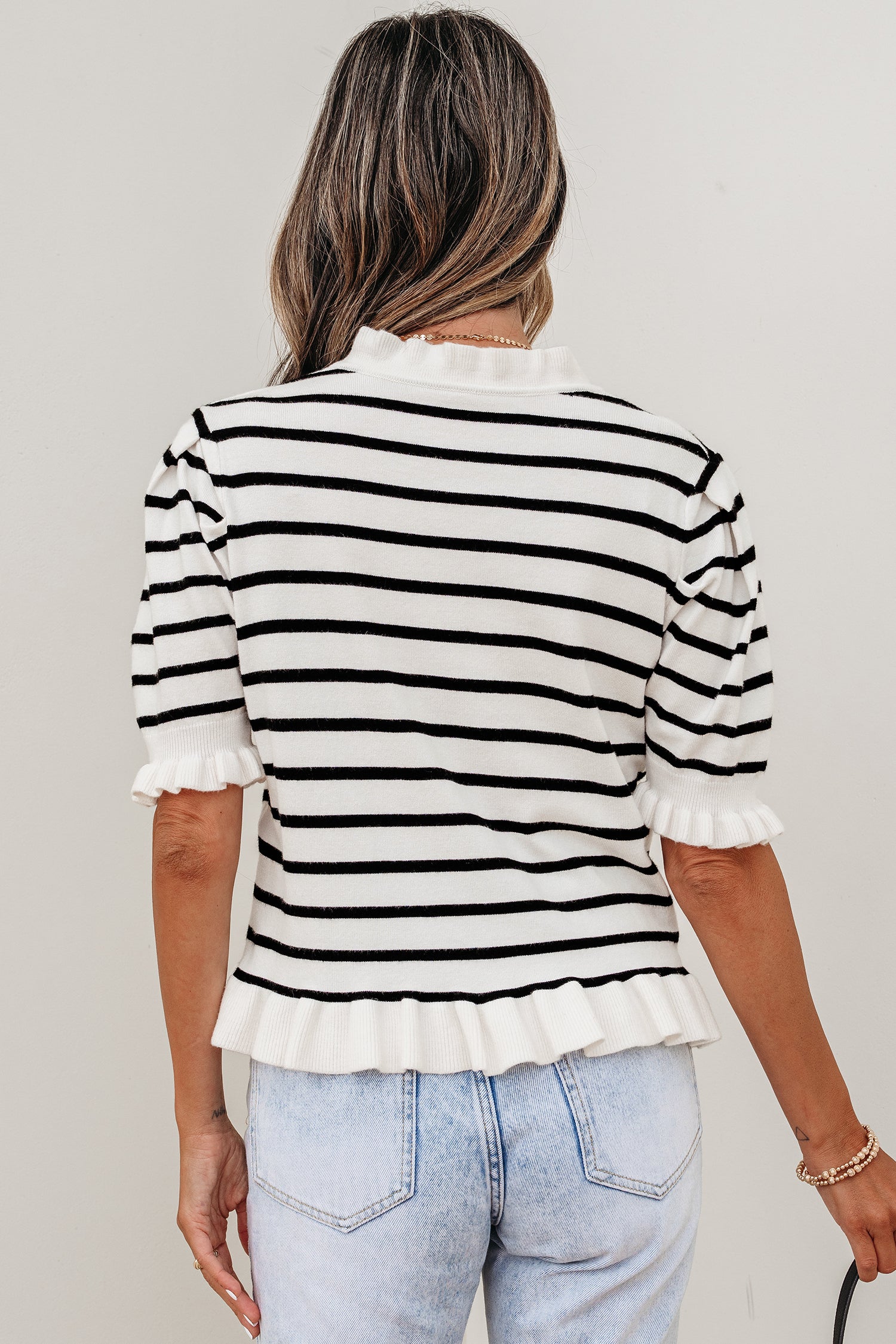 Beige Stripe Ruffle Trim Button Down Knit Short Sleeve Sweater Cardigan-TOPS / DRESSES-[Adult]-[Female]-2022 Online Blue Zone Planet