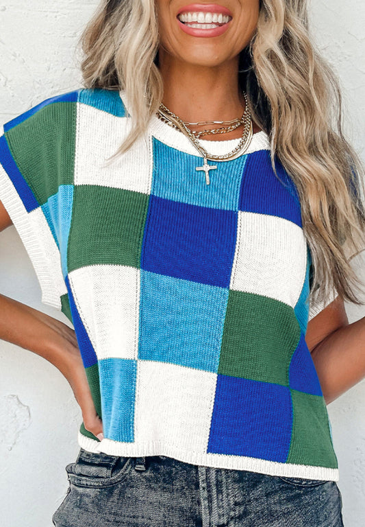 Blue Zone Planet | Contrast Plaid Round Neck Cap Sleeve Sweater-TOPS / DRESSES-[Adult]-[Female]-Blue-S-2022 Online Blue Zone Planet