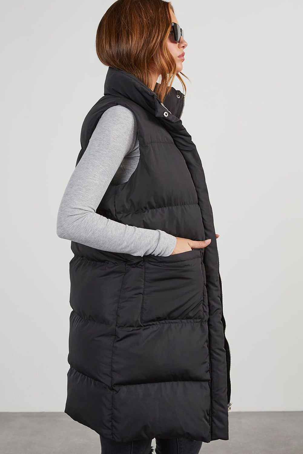 Black Solid Color Puffer Zip Up Pocketed Vest Coat-Coats-[Adult]-[Female]-2022 Online Blue Zone Planet