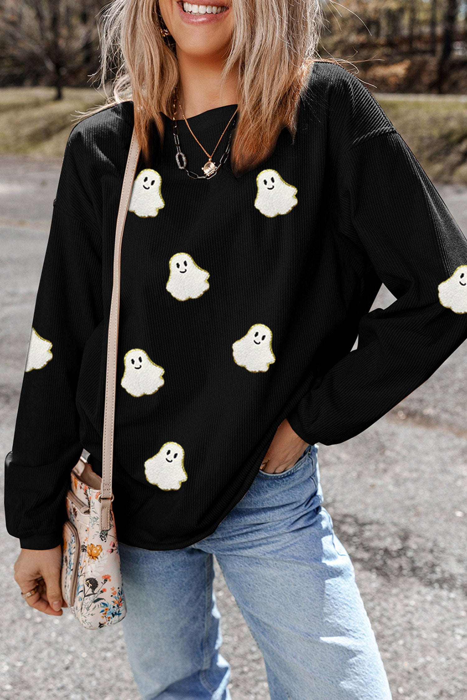 Black Oversized Ghost Print Pullover Corded Sweatshirt-Graphic/Graphic Sweatshirts-[Adult]-[Female]-2022 Online Blue Zone Planet