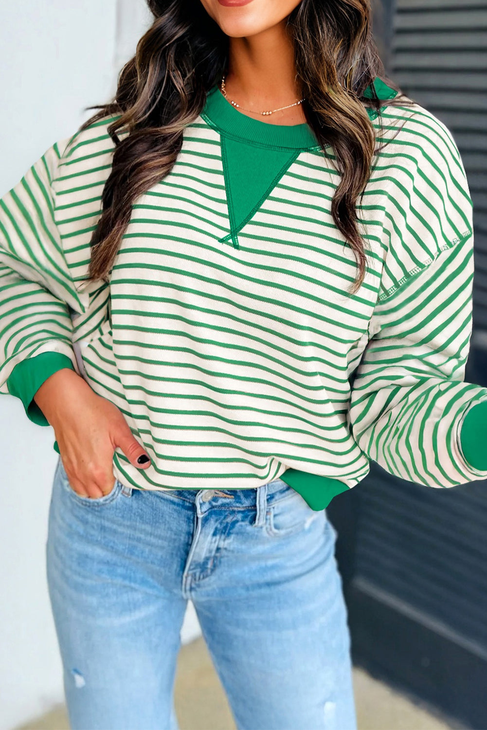 Bright Green Striped Exposed Seam Patchwork Loose Pullover Top-Tops/Long Sleeve Tops-[Adult]-[Female]-2022 Online Blue Zone Planet