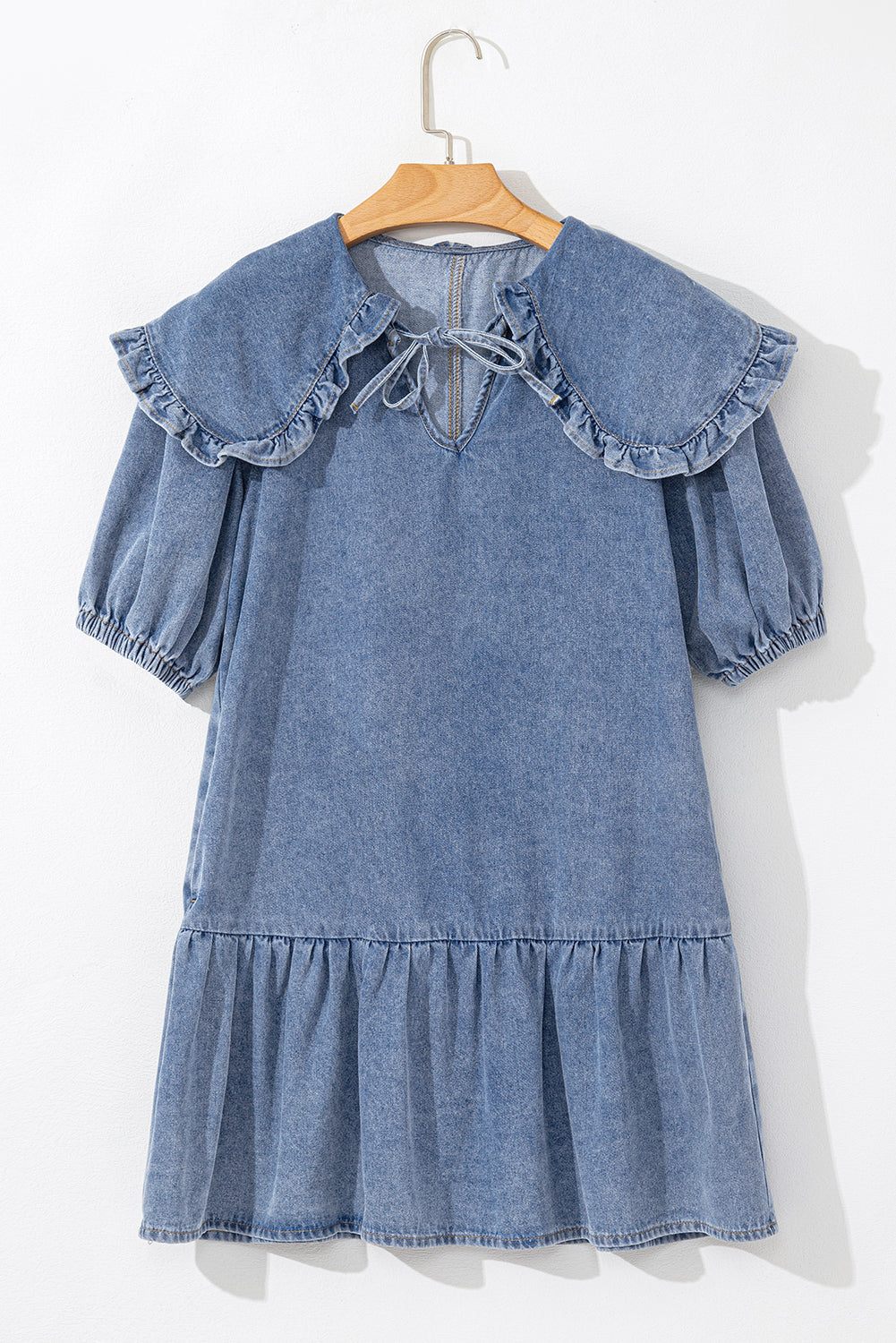 Blue Zone Planet | Dusk Blue Ruffled Collared Side Pockets Puff Sleeve Denim Mini Dress-TOPS / DRESSES-[Adult]-[Female]-2022 Online Blue Zone Planet