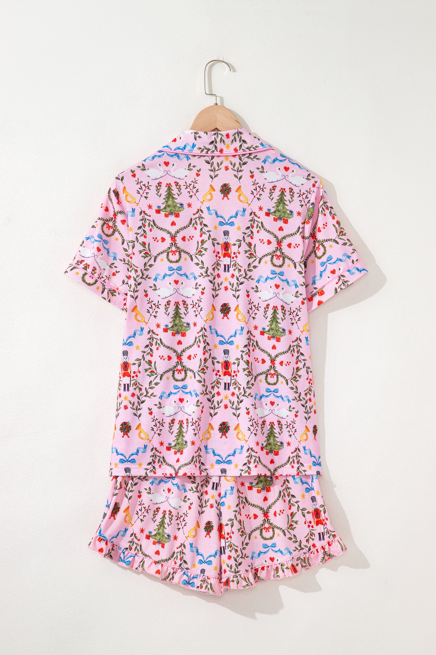 Pink Nutcracker Doll Christmas Print Ribbon Tie Waist Short 2pcs Pajama Set-Loungewear & Sleepwear/Sleepwear-[Adult]-[Female]-2022 Online Blue Zone Planet