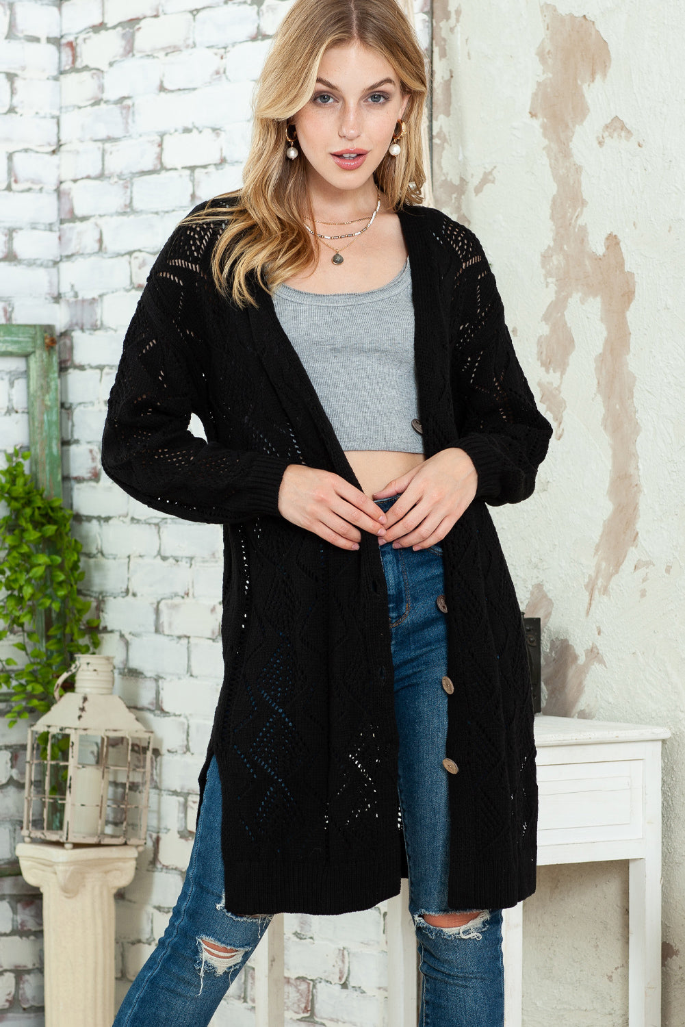 Black Button Up Hollow Out Loose Long Cardigan-Cardigans-[Adult]-[Female]-2022 Online Blue Zone Planet