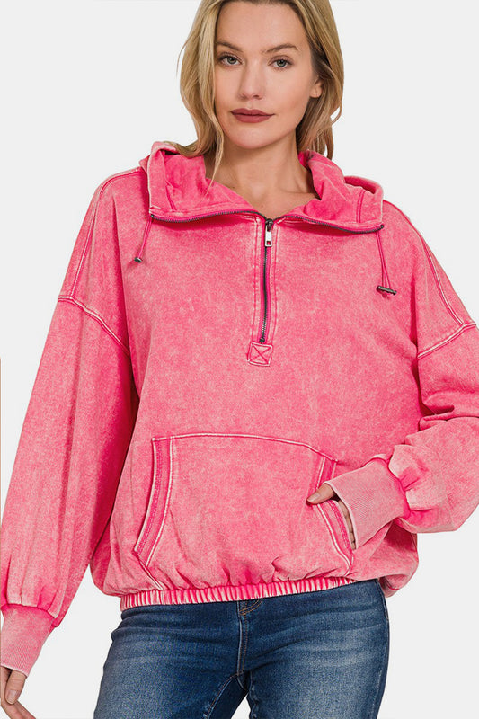 Blue Zone Planet | Zenana Drawstring Half Zip Dropped Shoulder Hoodie-Tops / Dresses-[Adult]-[Female]-FUCHSIA-S-2022 Online Blue Zone Planet